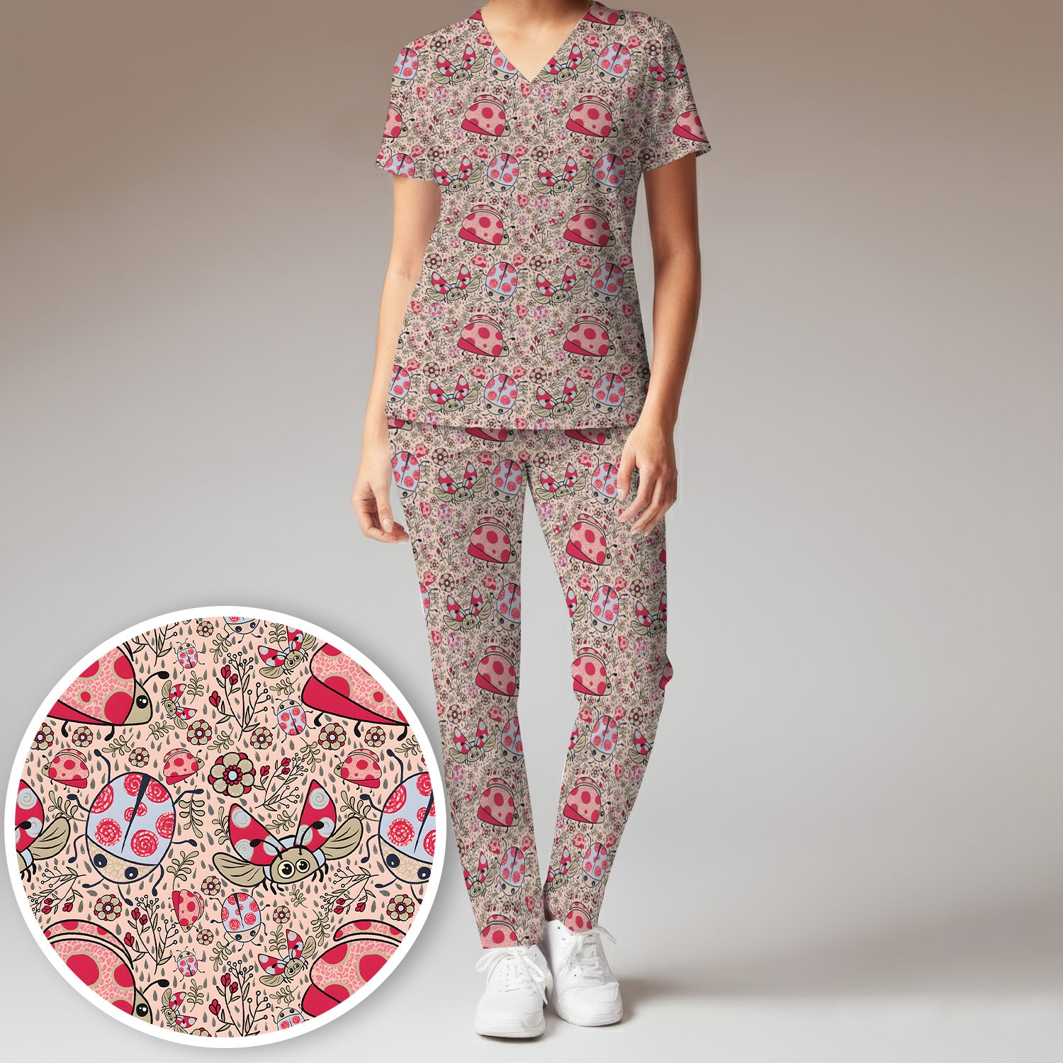 Cute Ladybug Rain Garden Pattern Scrub Set, Scrub Pants and V Neck Top