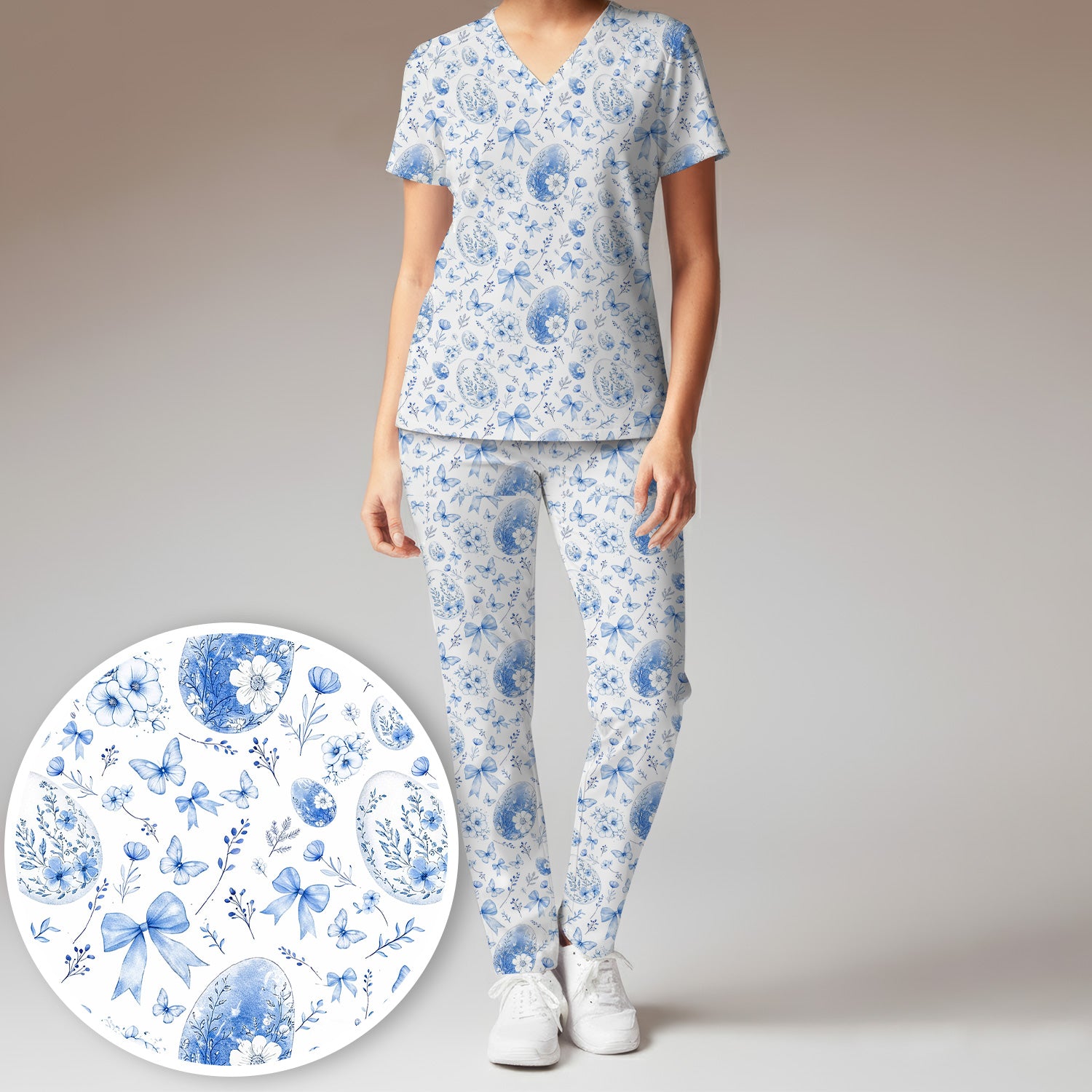 Butterfly Floral Bow Vintage Pattern Scrub Set, Scrub Pants and V Neck Top