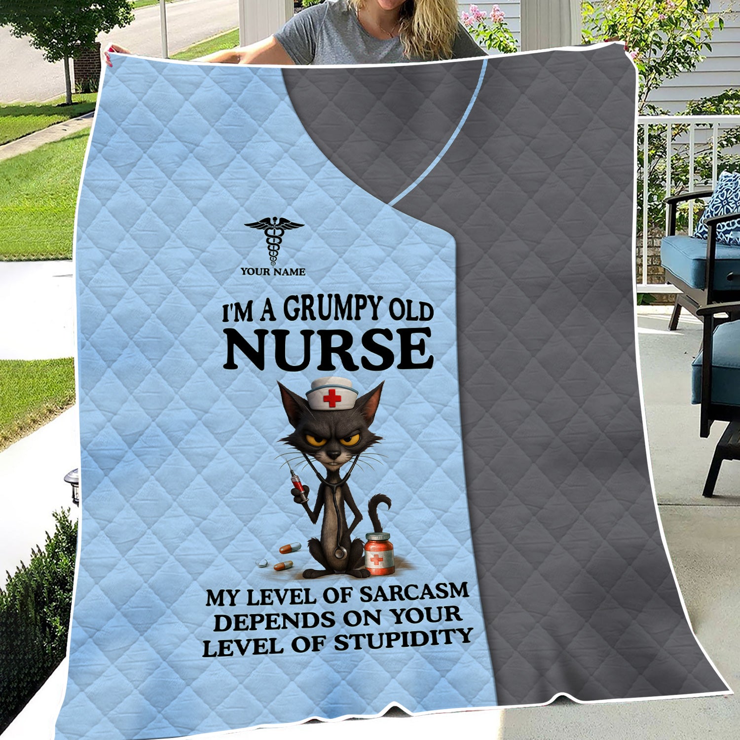 Custom Name Grumpy Old Nurse Blanket - Angry Cat Sarcastic Humor for RN LPN CNA Medical Staff Gift  - Multiple Color Options Available Keepsake