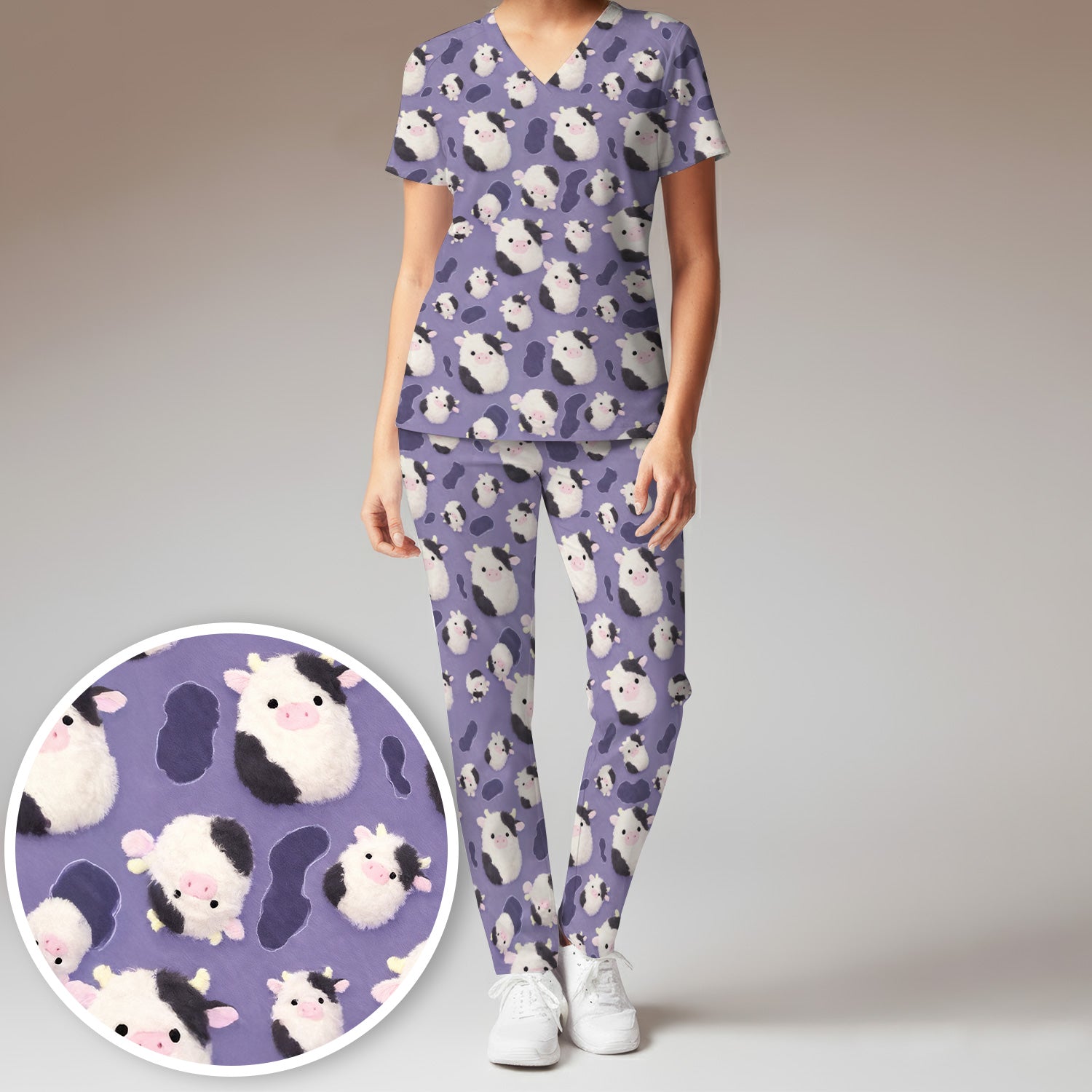 Cute Cartoon Pig Pattern Scrubs Sets, Scrub Pants and V Neck Top