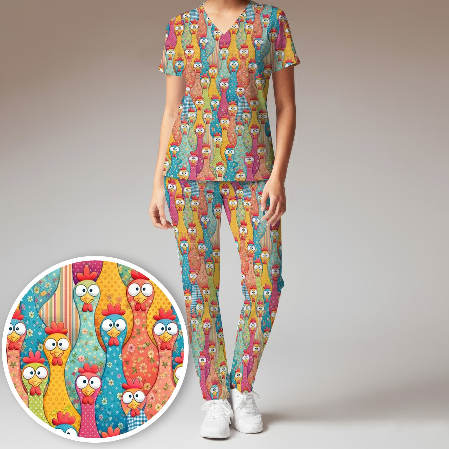 Funny Colorful Chicken Farm Cartoon Pattern Scrub Set, Scrub Pants and V Neck Top