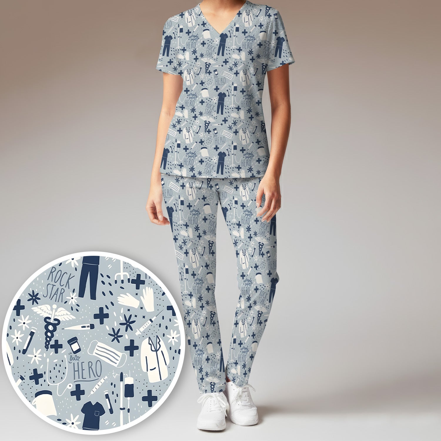 Inspirational Healthcare Hero Medical Tools Nurse Pattern Scrub Set, Scrub Pants and V Neck Top