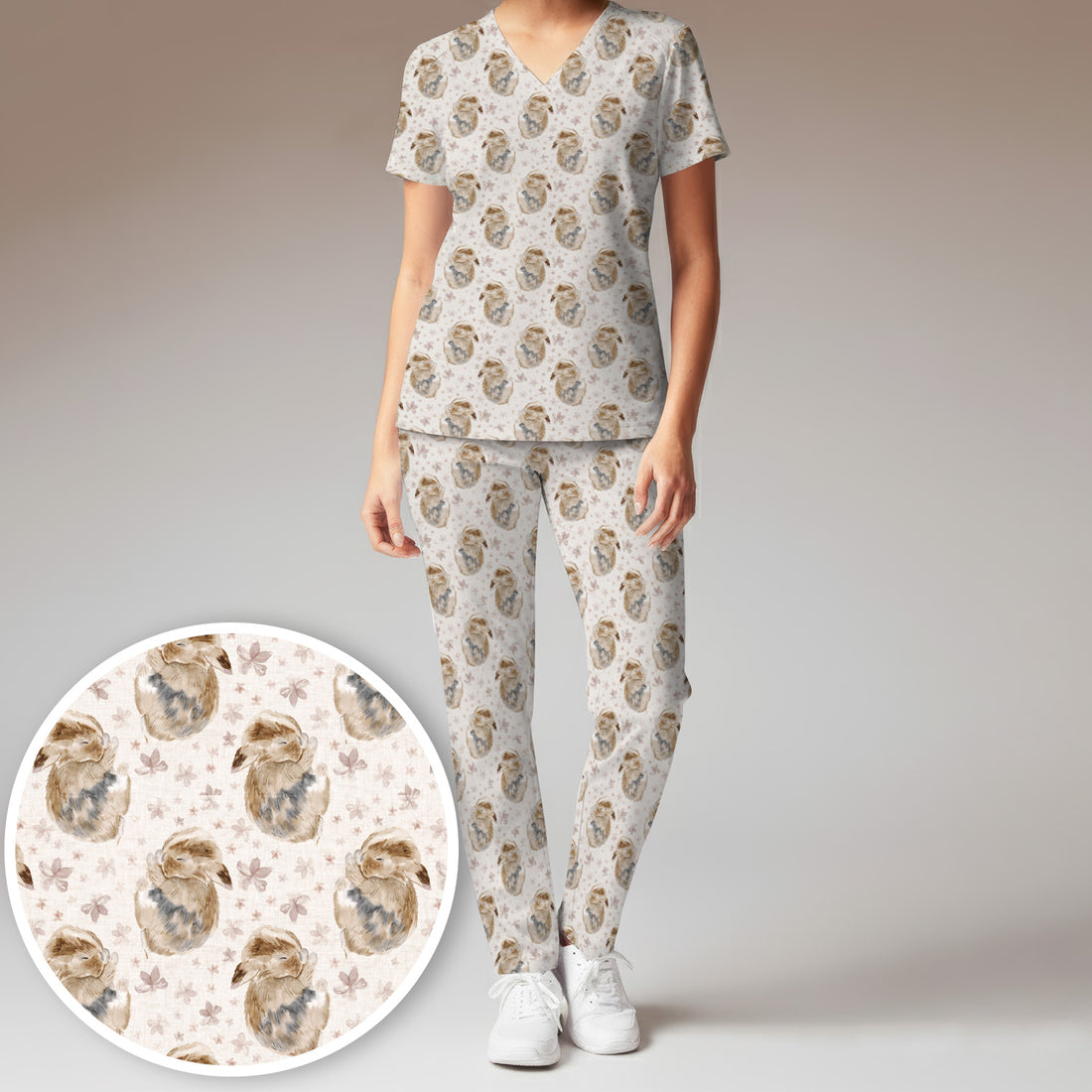 Cute Sleeping Bunny Floral Meadow Pattern Nurse Scrub Set, Scrub Pants and V Neck Top