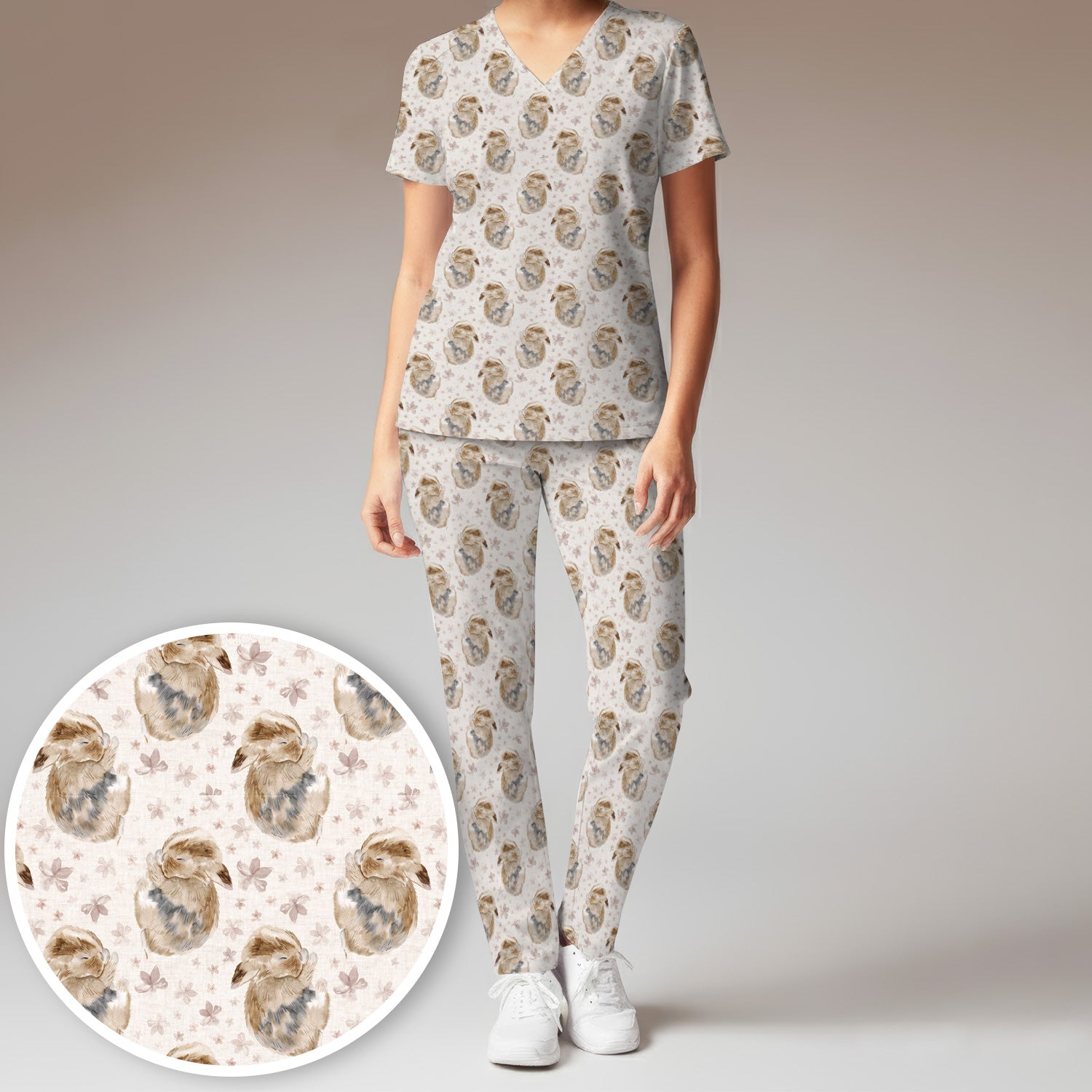 Cute Sleeping Bunny Floral Meadow Pattern Nurse Scrub Set, Scrub Pants and V Neck Top