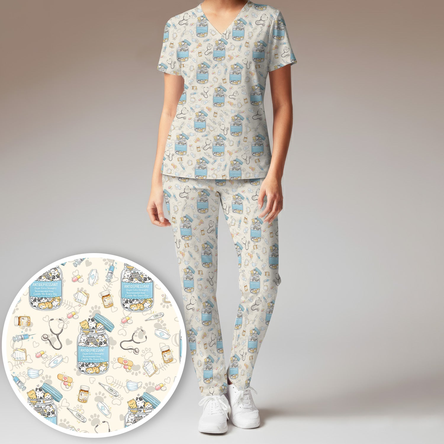 Cute Antidepressant Cat Jar Print Women's Scrub Set, Breathable Med Uniform