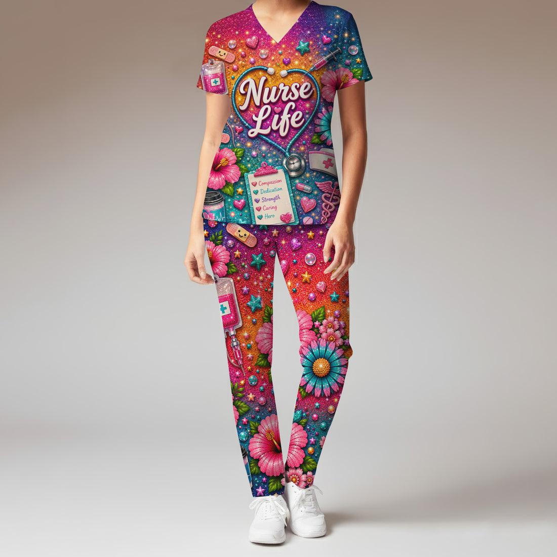 Colorful Nurse Life Heart Pattern Scrub Set, Scrub Pants and V Neck Top