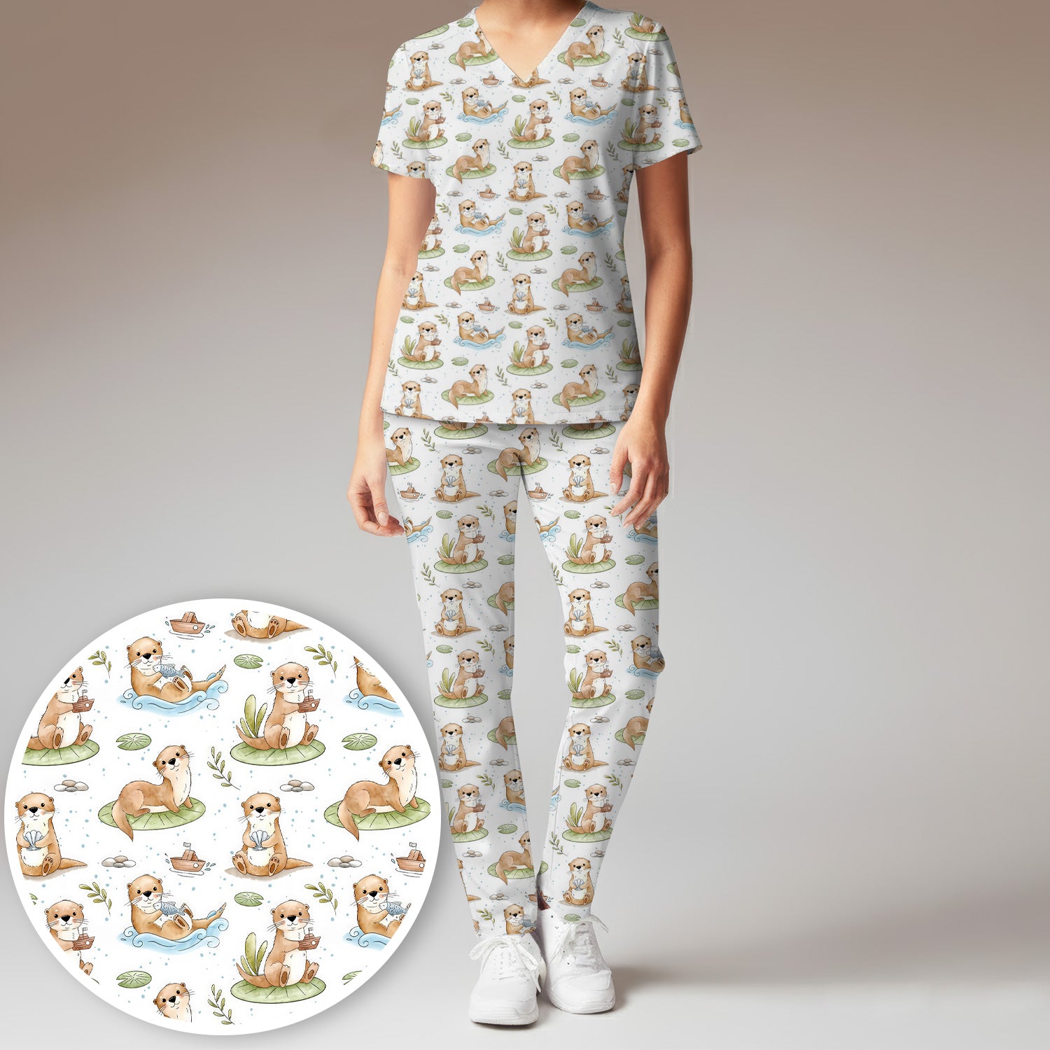 Cute Otter With Lily Pad Pattern Scrub Set, Scrub Pants and V Neck Top