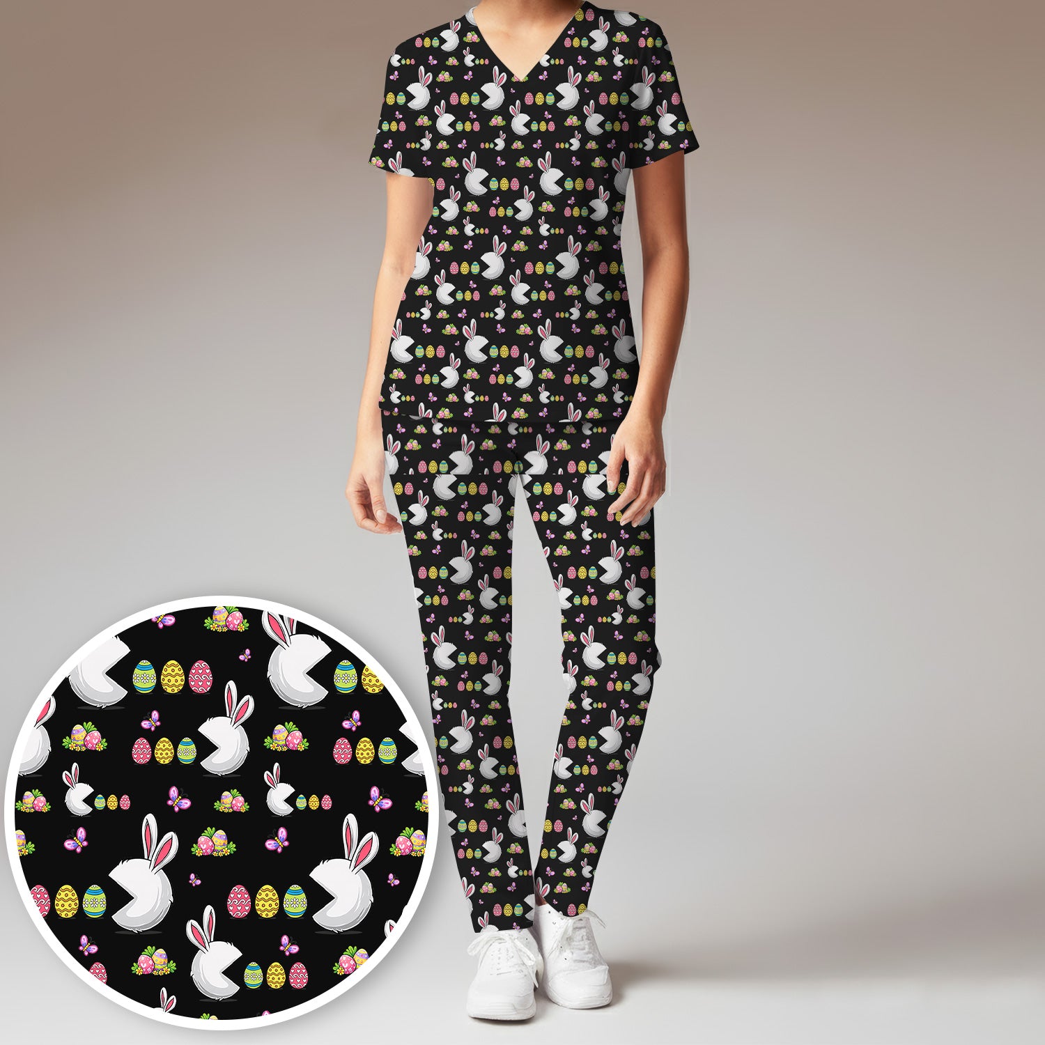 Easter Bunny and Colorful Eggs Print Scrub Set, Breathable Med Uniform