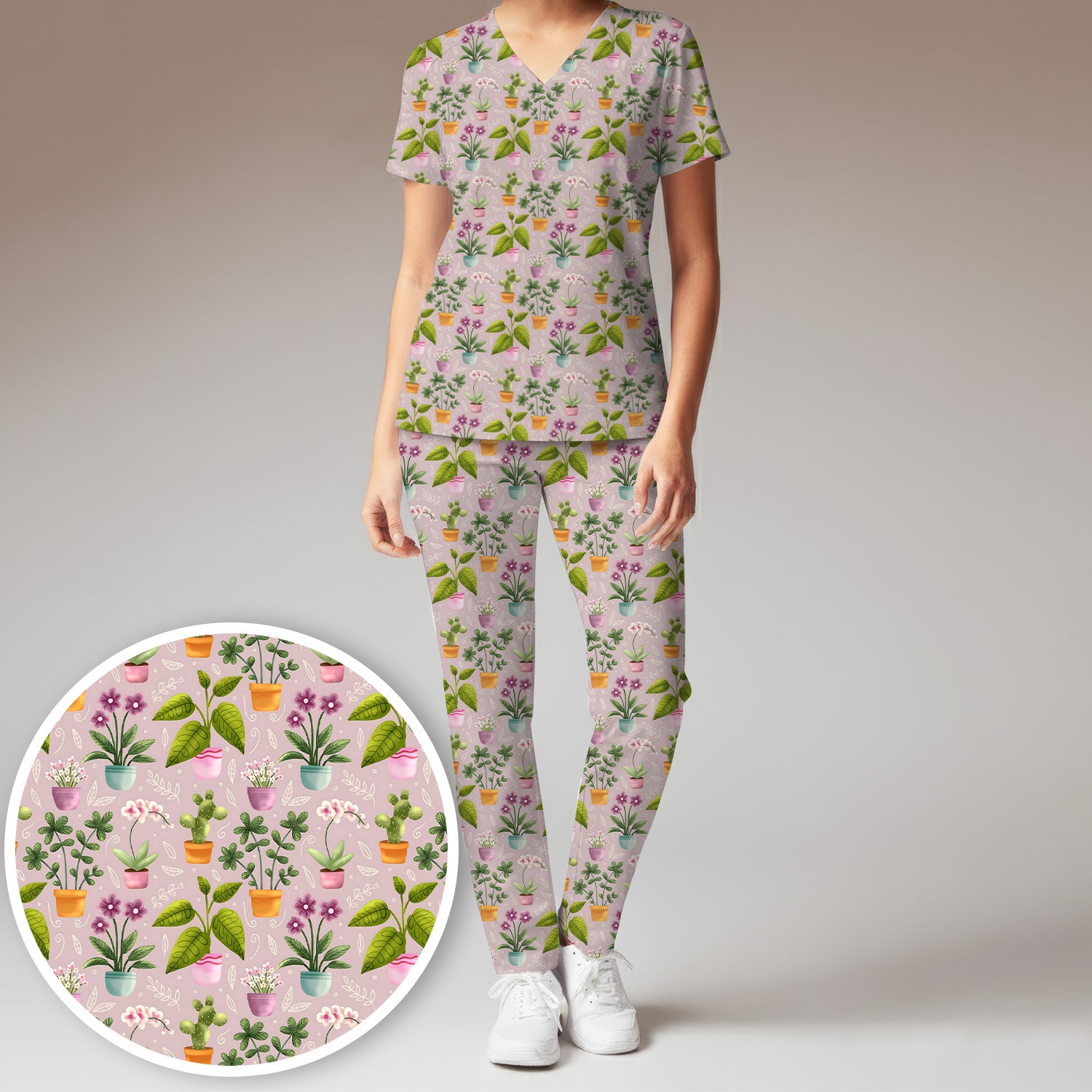Potted Plant Orchid Cactus Pattern Scrub Set, Scrub Pants and V Neck Top