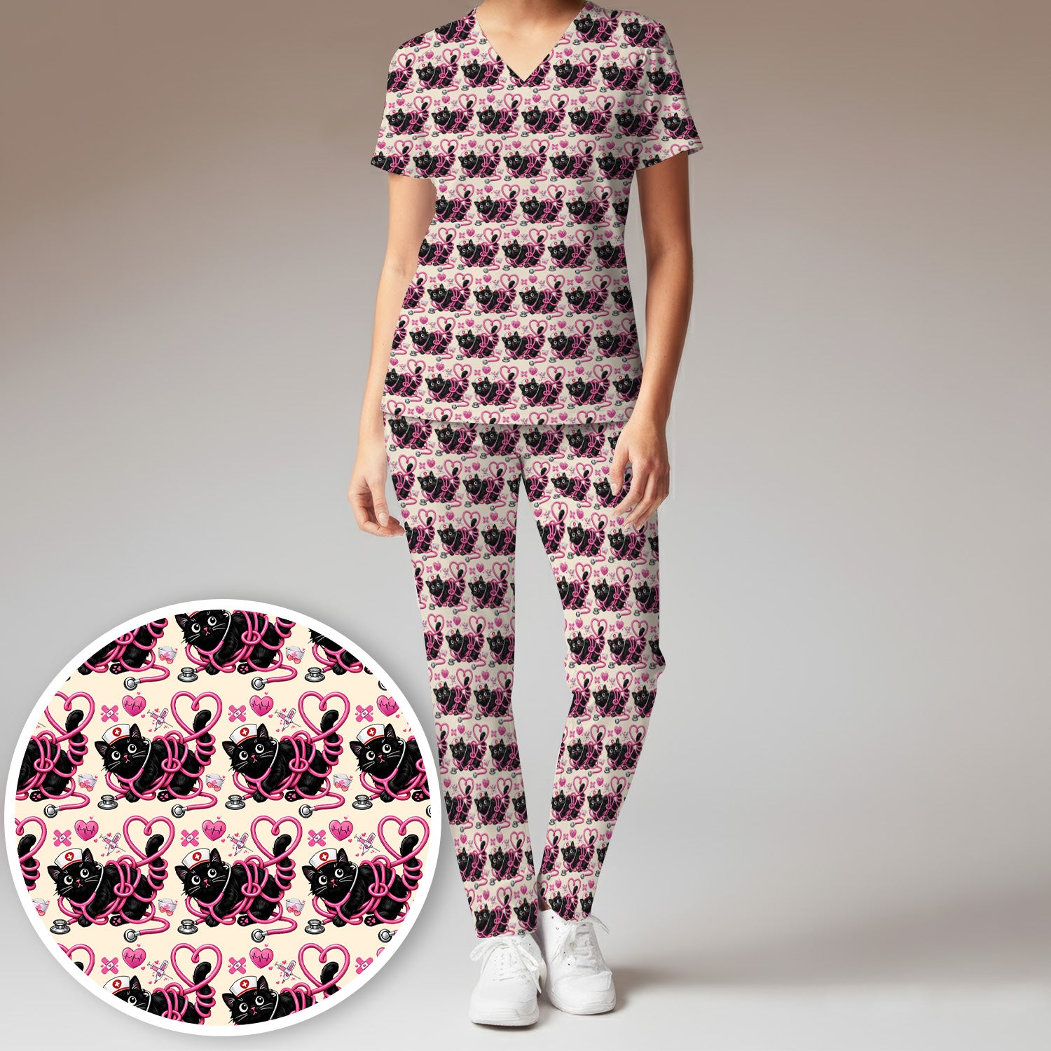 Valentine Cute Cat Nurse Heart Print Women's Scrub Set, Breathable Med Uniform