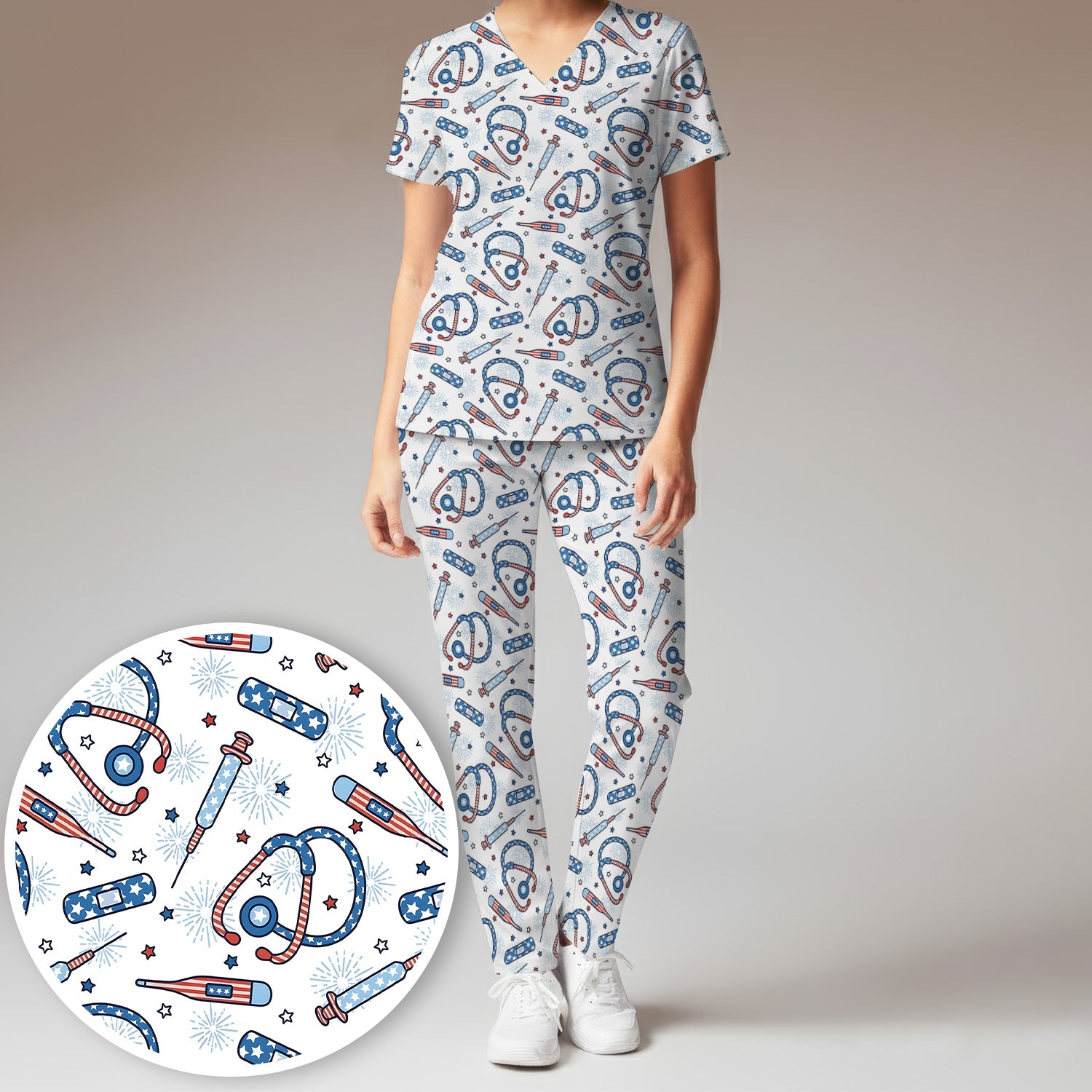Funny Patriotic Stethoscope Bandage Nurse Pattern Scrub Set, Scrub Pants and V Neck Top