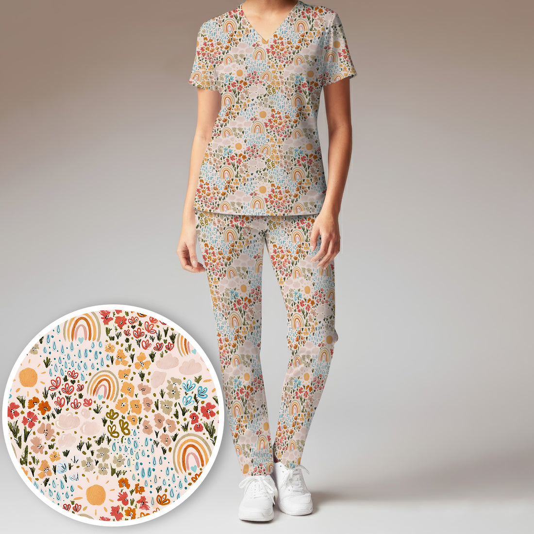 Cute Wildflower Meadow With Rainbow Sun And Raindrops Scrub Set, Scrub Pants and V Neck Top