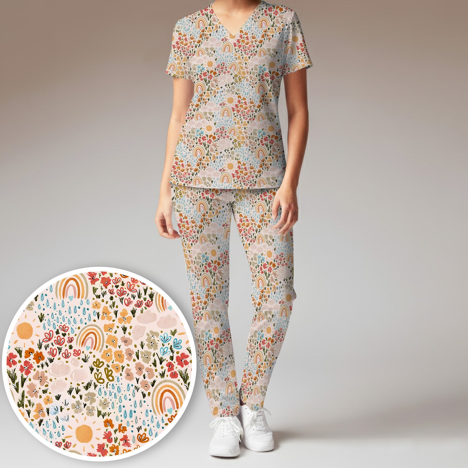 Cute Wildflower Meadow With Rainbow Sun And Raindrops Scrub Set, Scrub Pants and V Neck Top