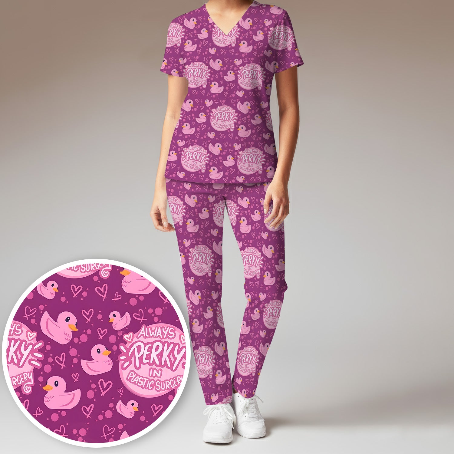 Always Perky Plastic Surgery Duck Pattern Scrub Set, Scrub Pants and V Neck Top