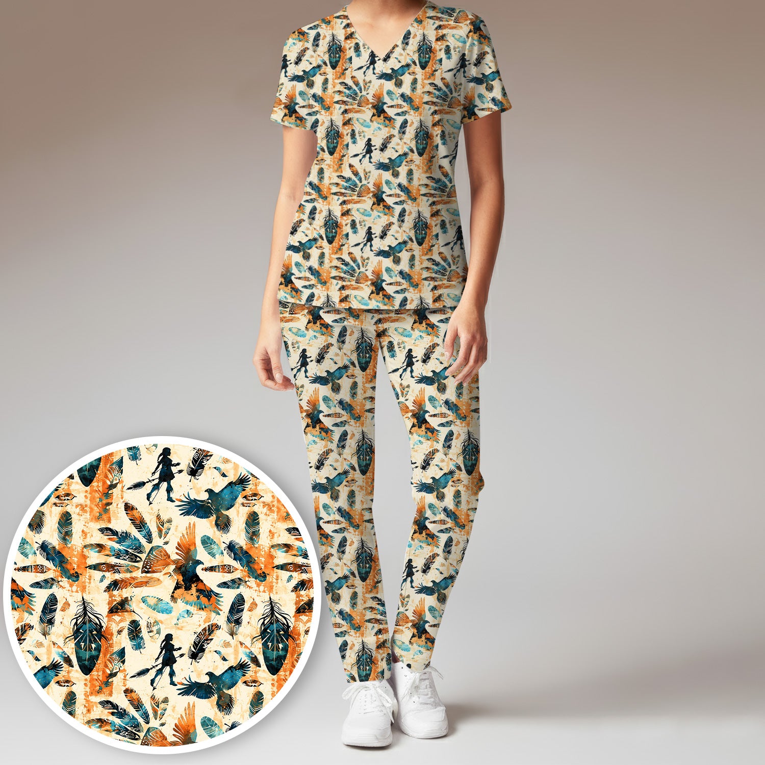Feather Birds Tribal Print Scrub Set, Scrub Pants and V Neck Top