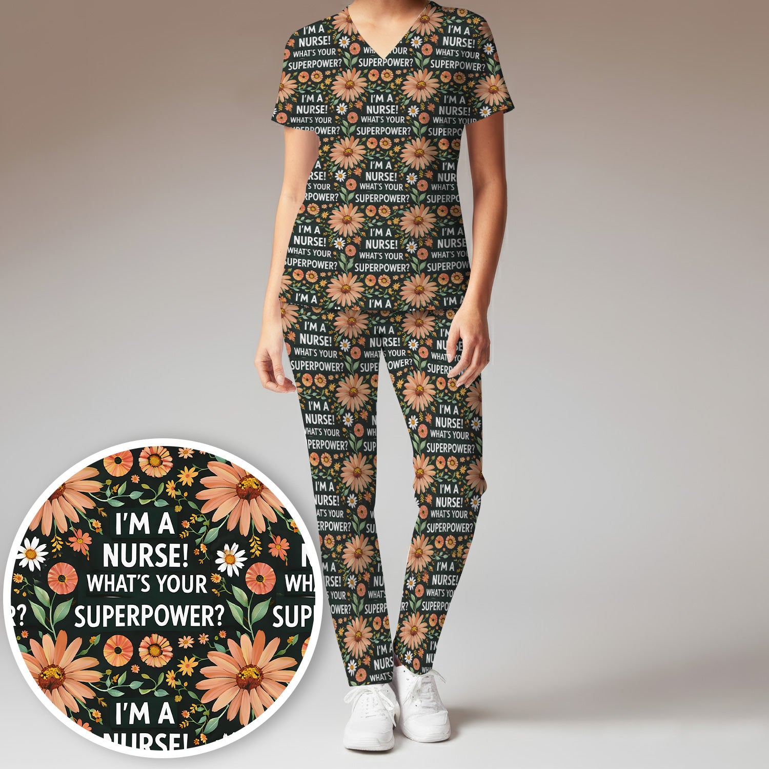 Funny Nurse Superpower Floral Pattern Scrub Set, Scrub Pants and V Neck Top