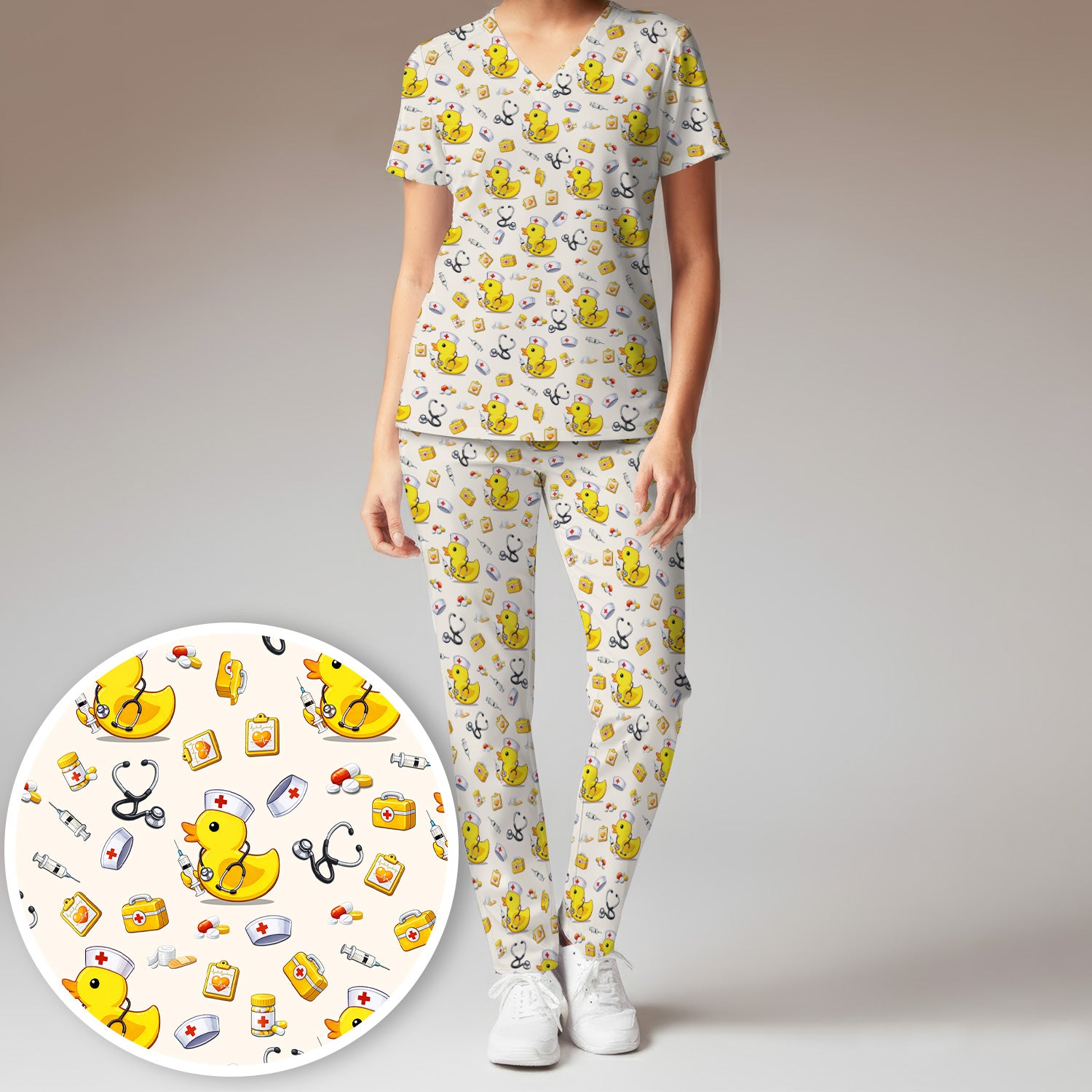 Playful Medical Duck Print Women's Scrub Set, Breathable Med Uniform