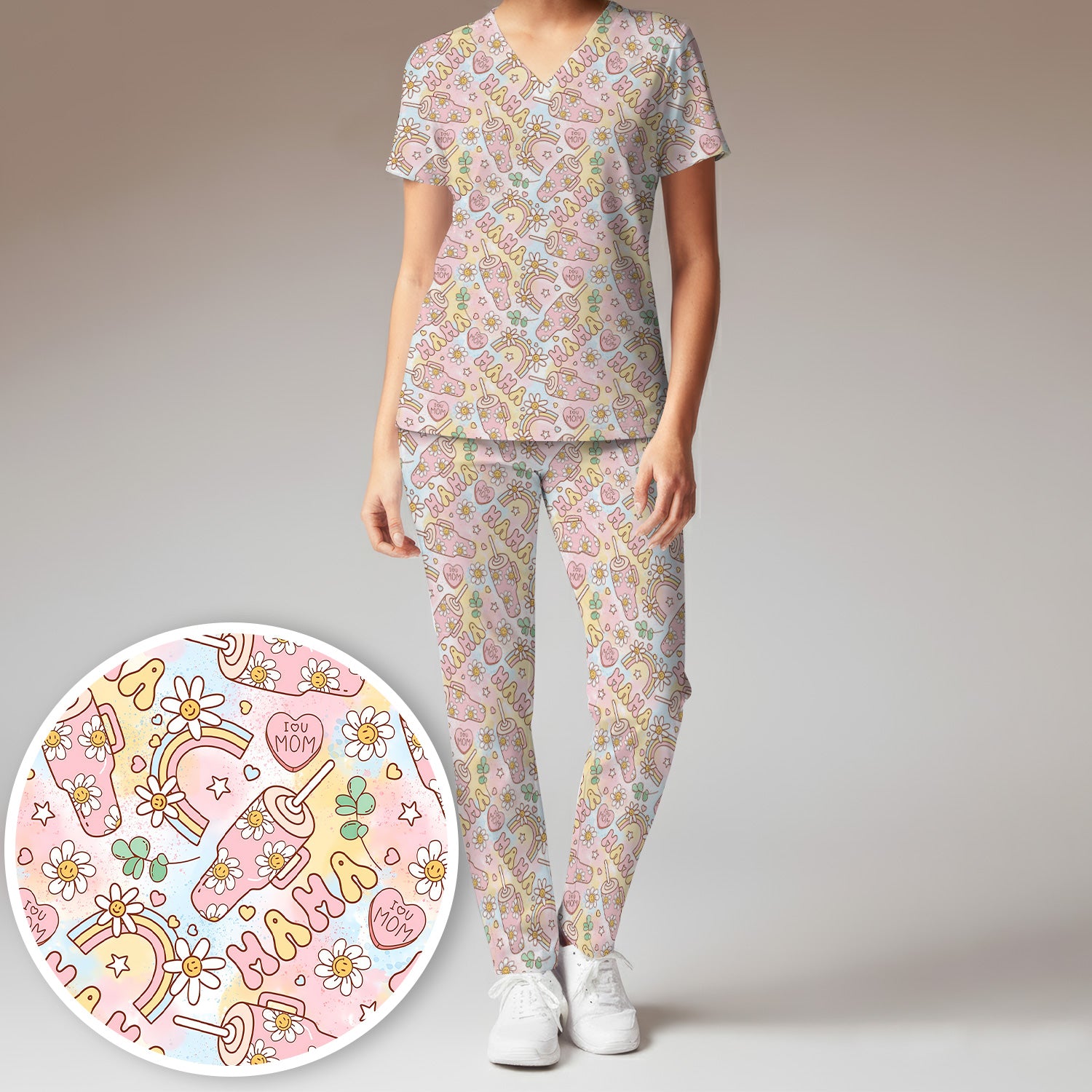 Sweet Nurse Mama Daisy Rainbow Pattern Scrub Set, Scrub Pants and V Neck Top