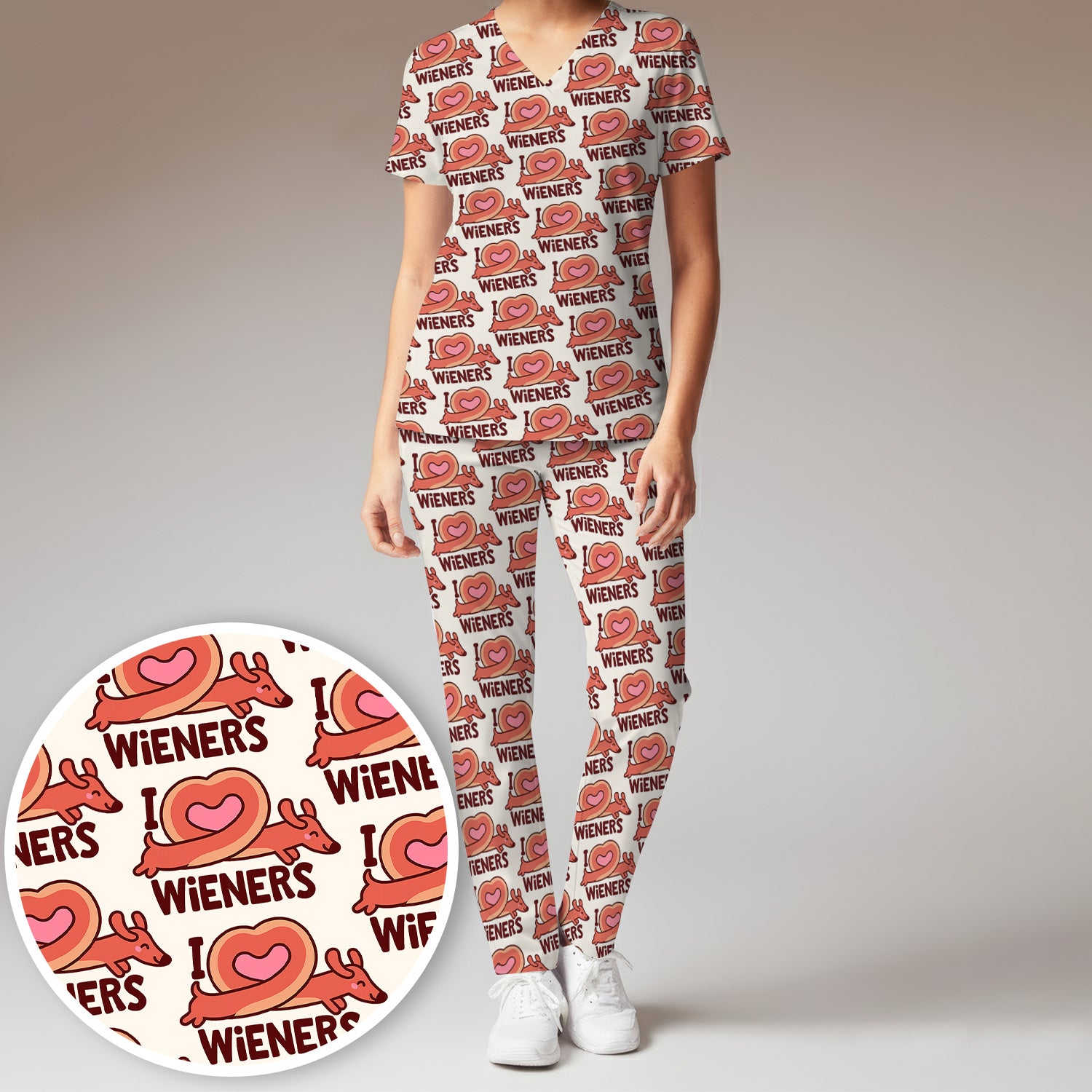 I Love Wieners Dachshund Heart Pattern Scrub Set, Scrub Pants and V Neck Top