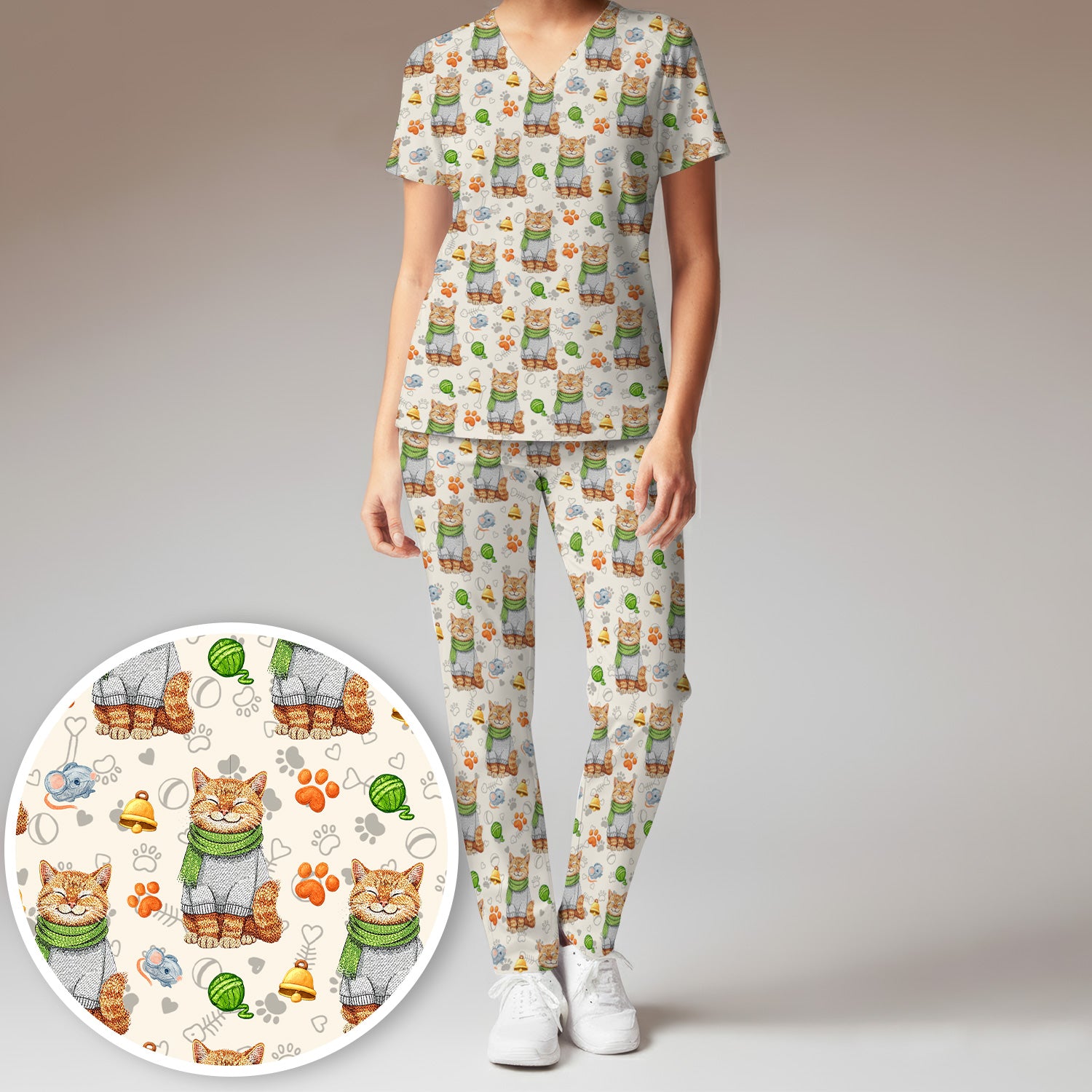 Adorable Cat Lover Nurse Scrub Set, Cute Cat Medical Pattern Shirt, Breathable Fabrics Nursing Uniform