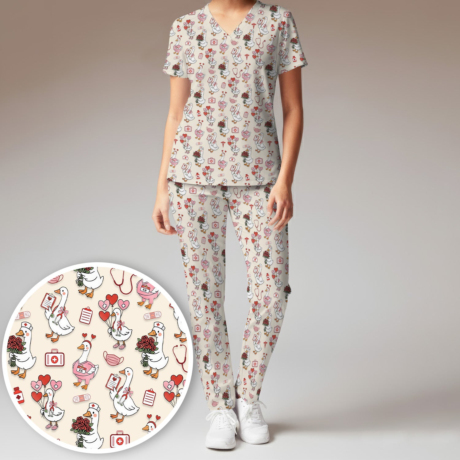 Cute Goose Nurse Medical Pattern Scrub Set, Women's Scrub Sets