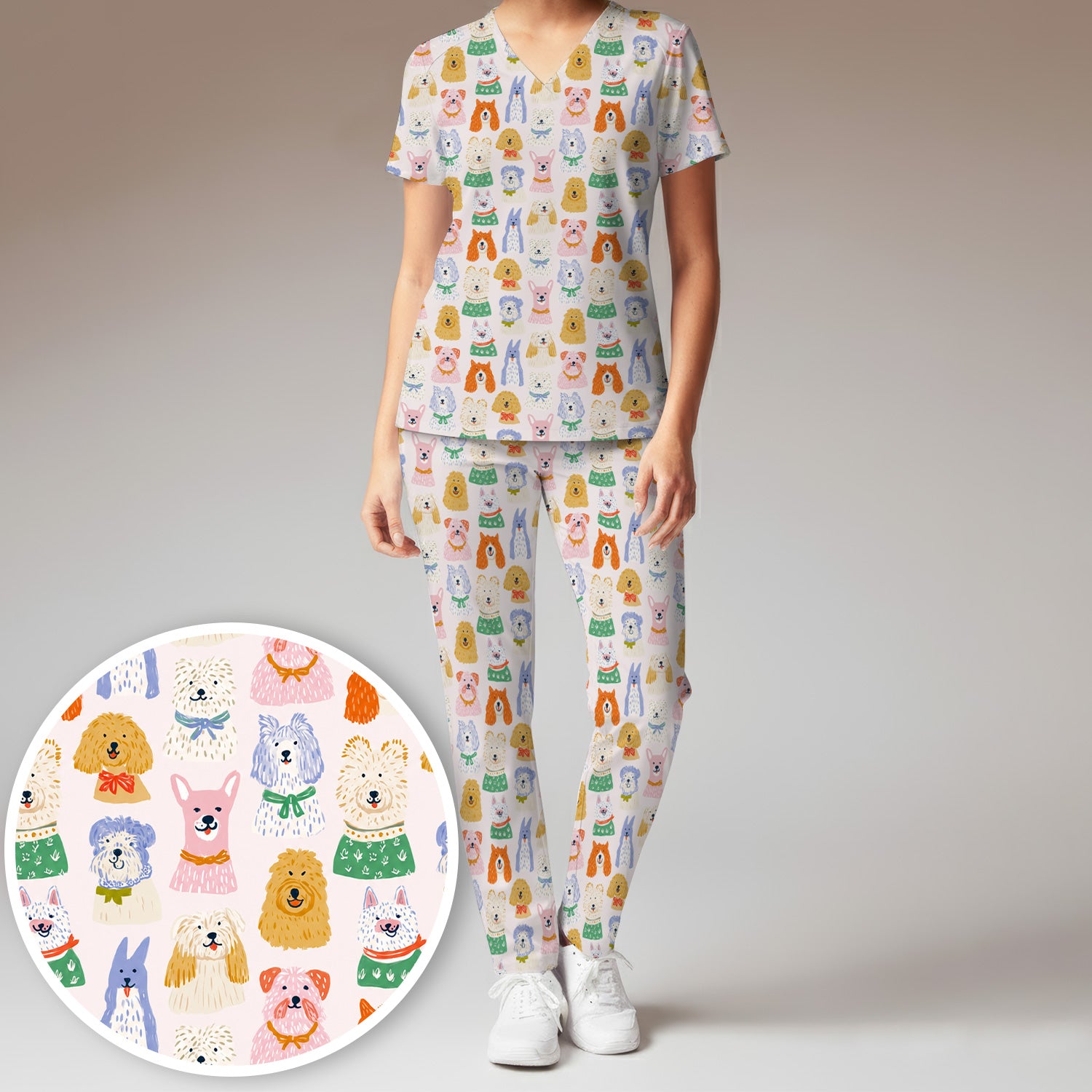 Colorful Dog Faces Cartoon Pattern Scrub Set, Scrub Pants and V Neck Top