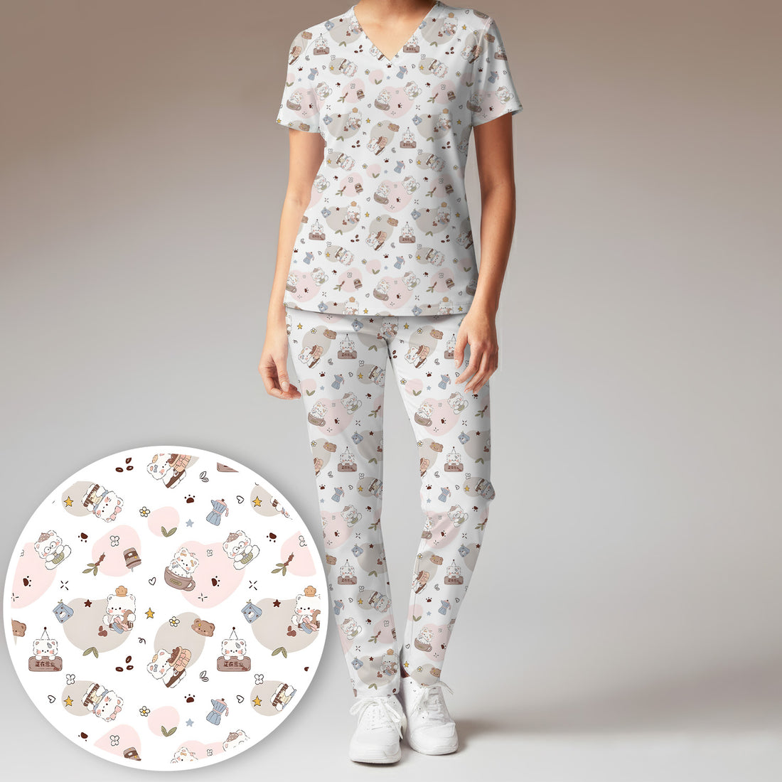 Cute Cat With Coffee Paw Heart Pattern Scrub Set, Scrub Pants and V Neck Top