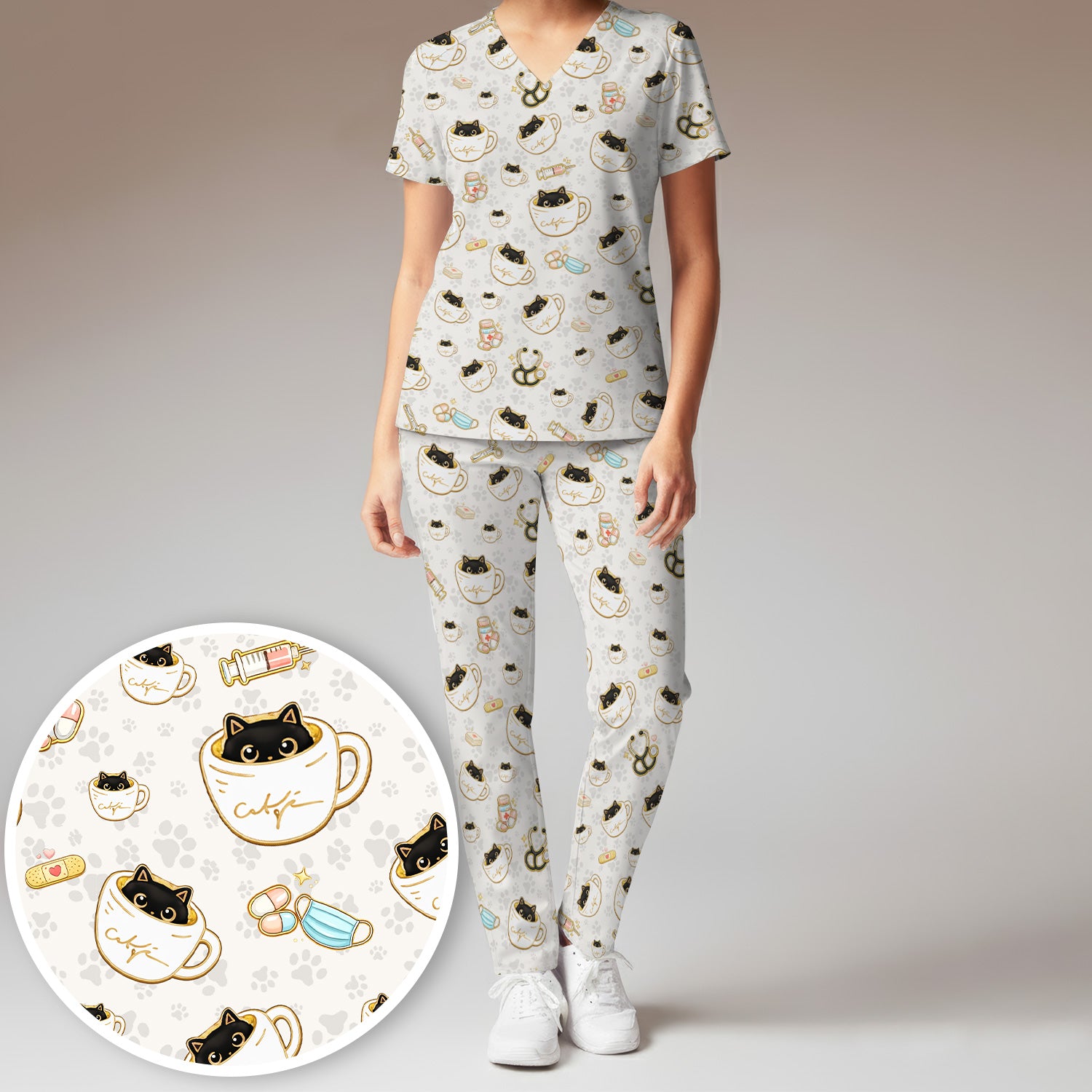 Cute Coffee Cat Medical Print Scrub Set, Scrub Pants and V Neck Top