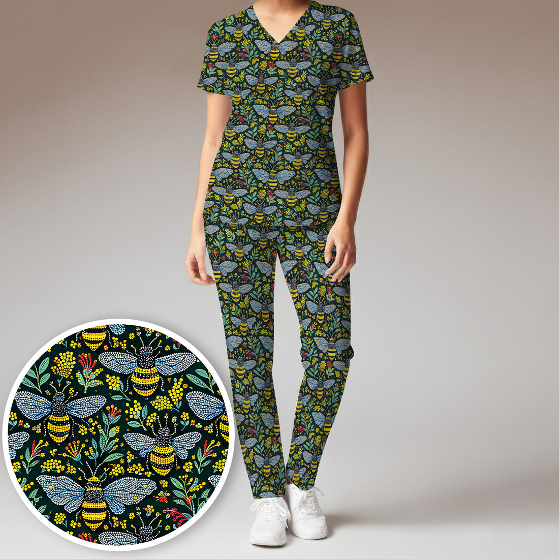 Honey Bee And Wildflower Garden Pattern Scrub Set, Scrub Pants and V Neck Top
