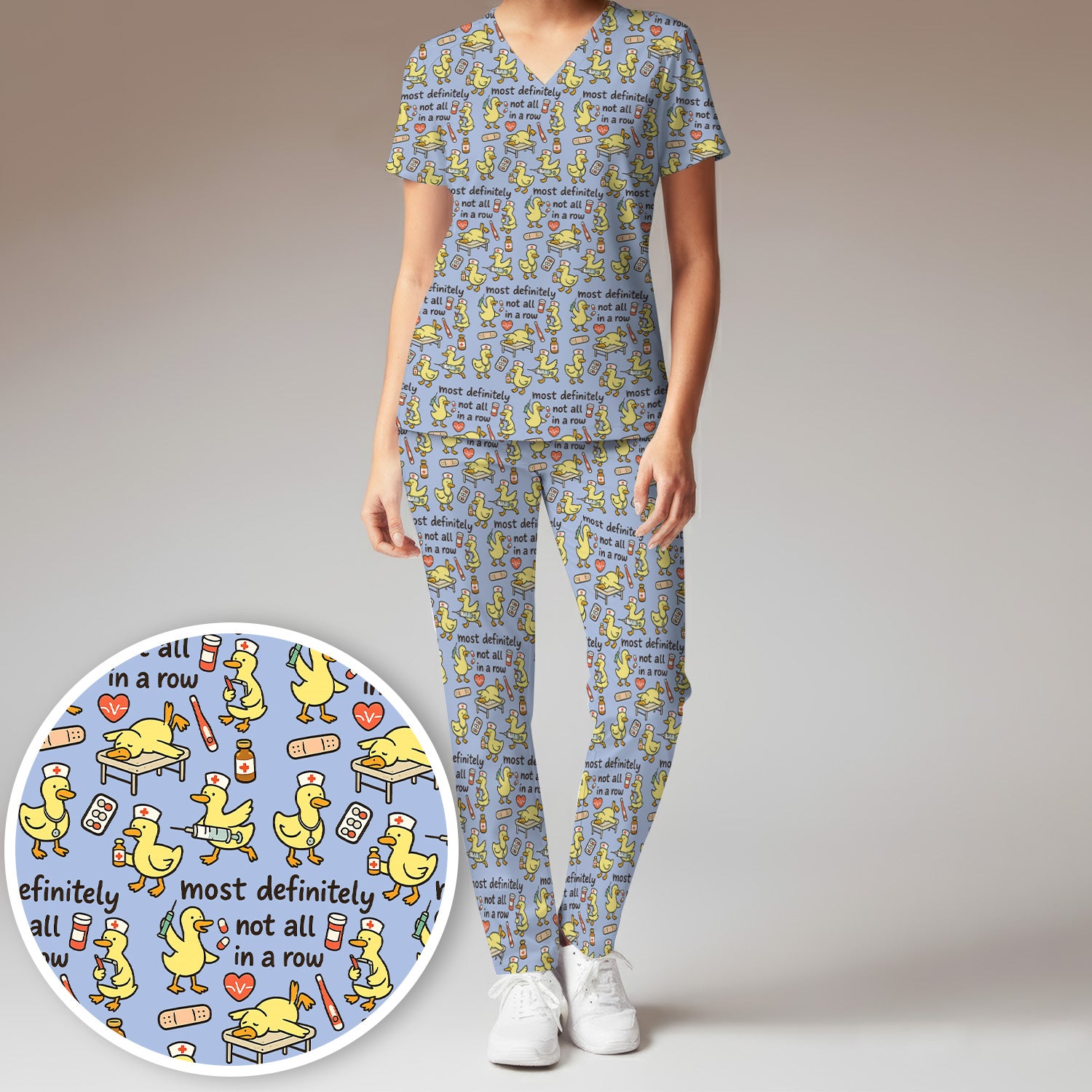 Funny Nurse Duck Medical Humor Pattern Scrub Set, Scrub Pants and V Neck Top