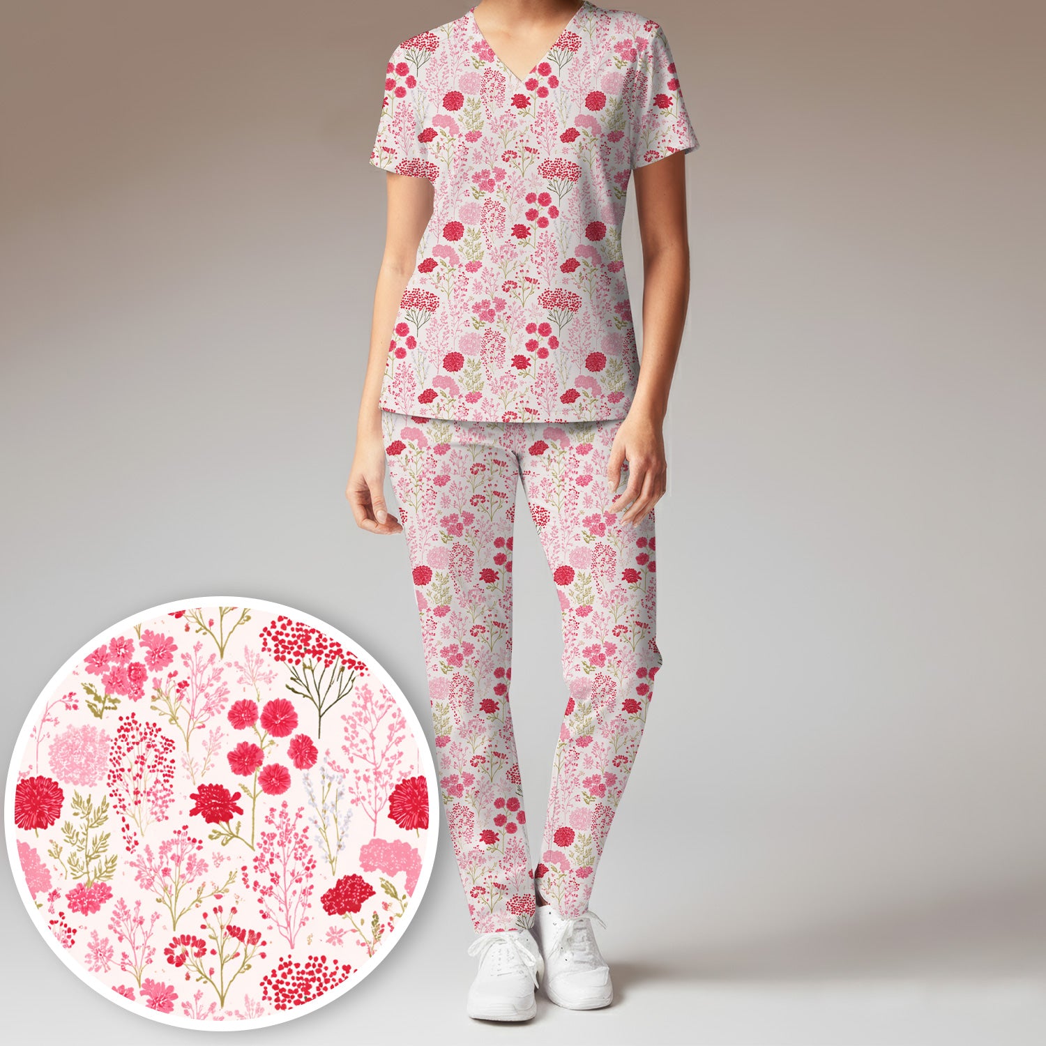 Pink Floral Pattern Allover Print Scrub Set, Scrub Pants and V Neck Top