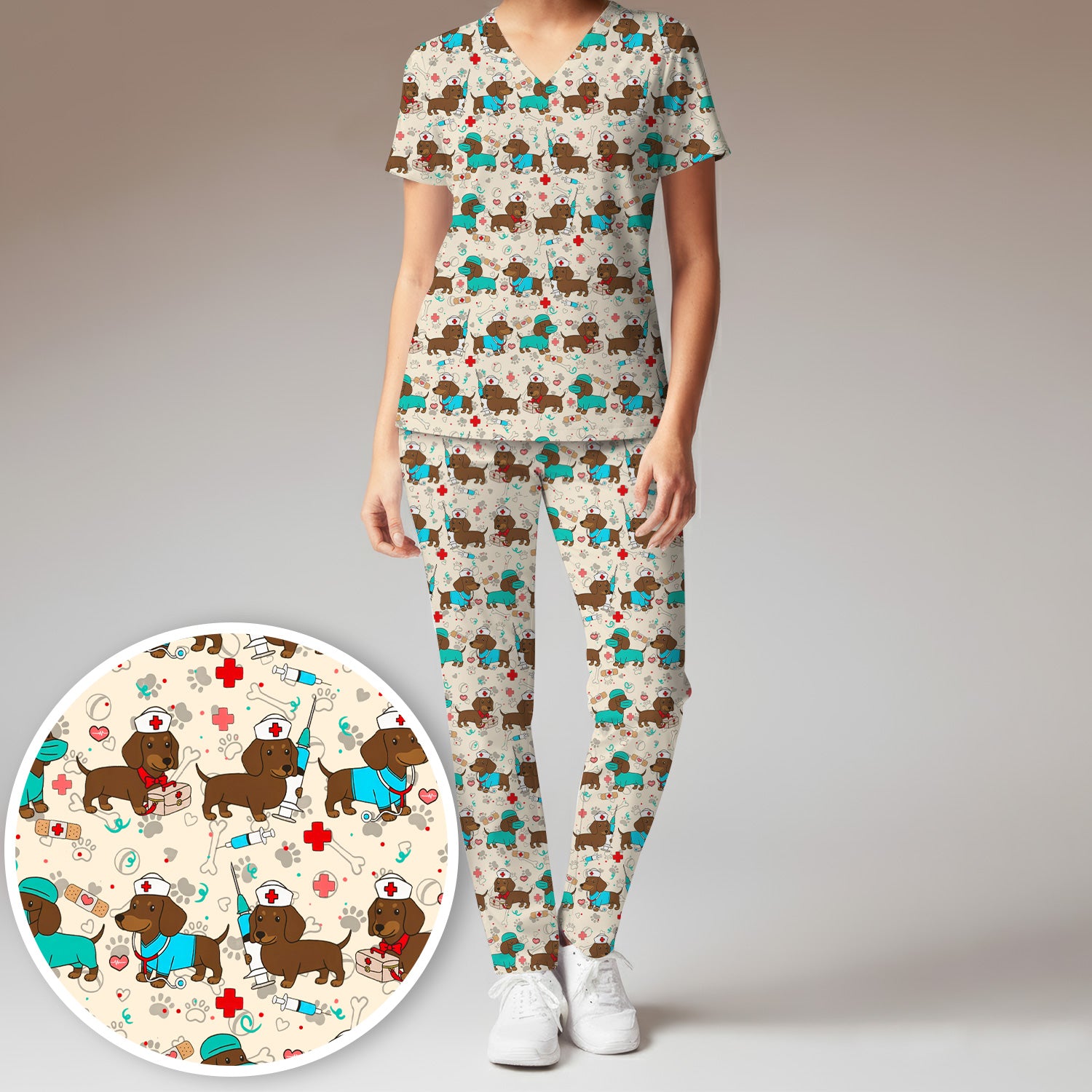 Cute Wiener Dog Dachshund Nurse Scrub Set, Funny Dachshund Dog Scrubs Shirt, Breathable Fabrics Nursing Uniform