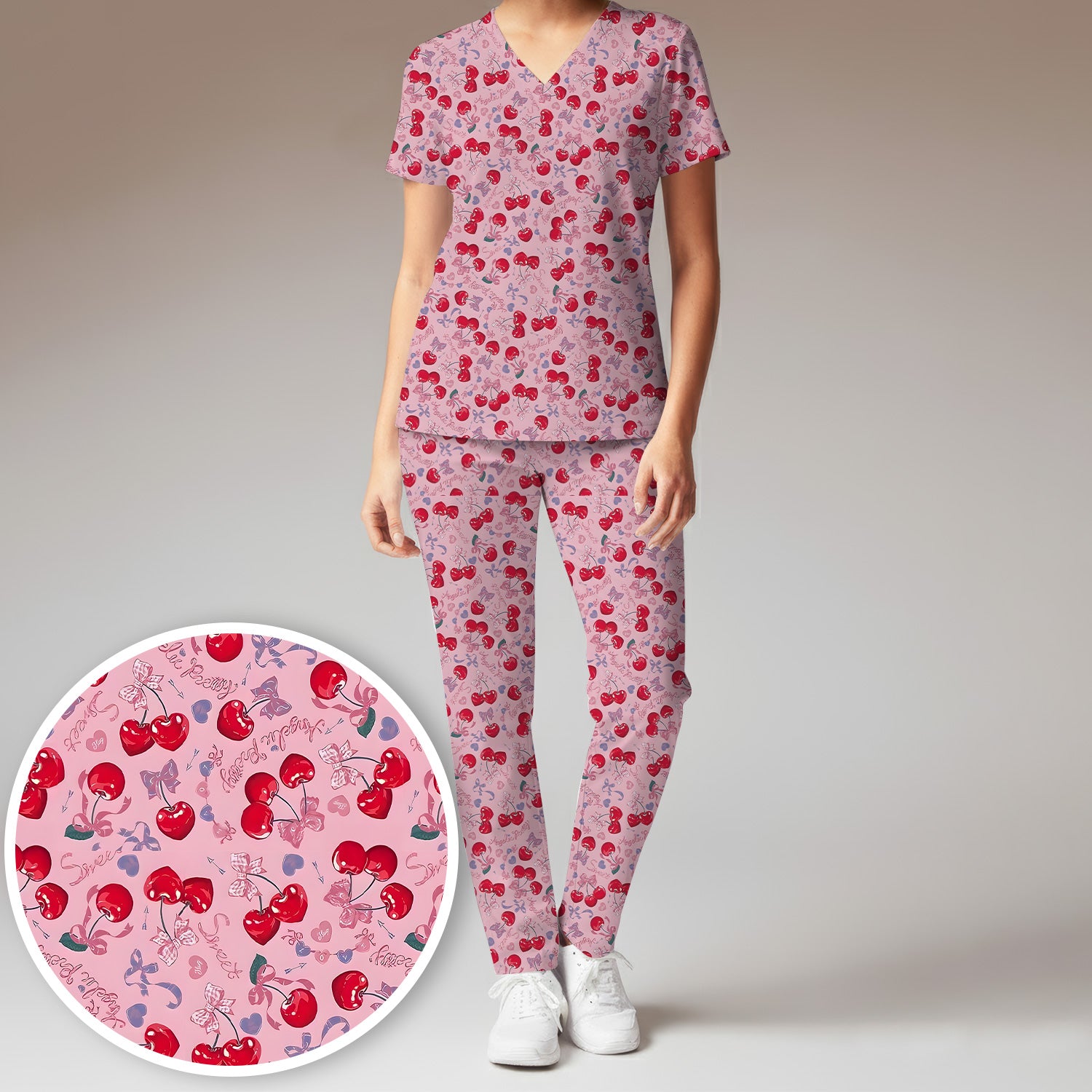 Cherry Blossom Scrub Set, Sweet Pink Nursing Uniform For Women