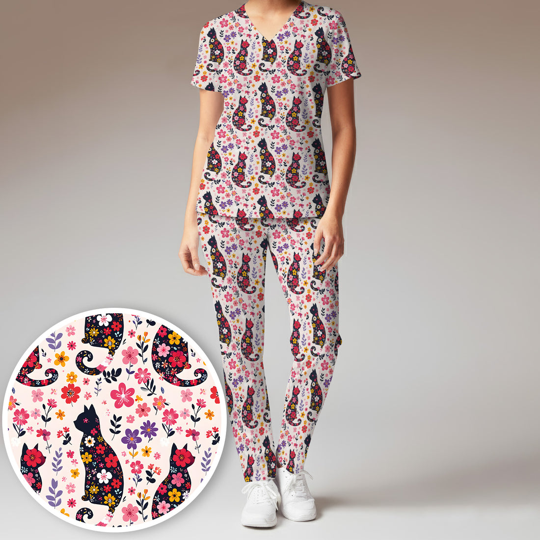 Floral Cat Silhouette Spring Garden Pattern Scrub Set, Scrub Pants and V Neck Top
