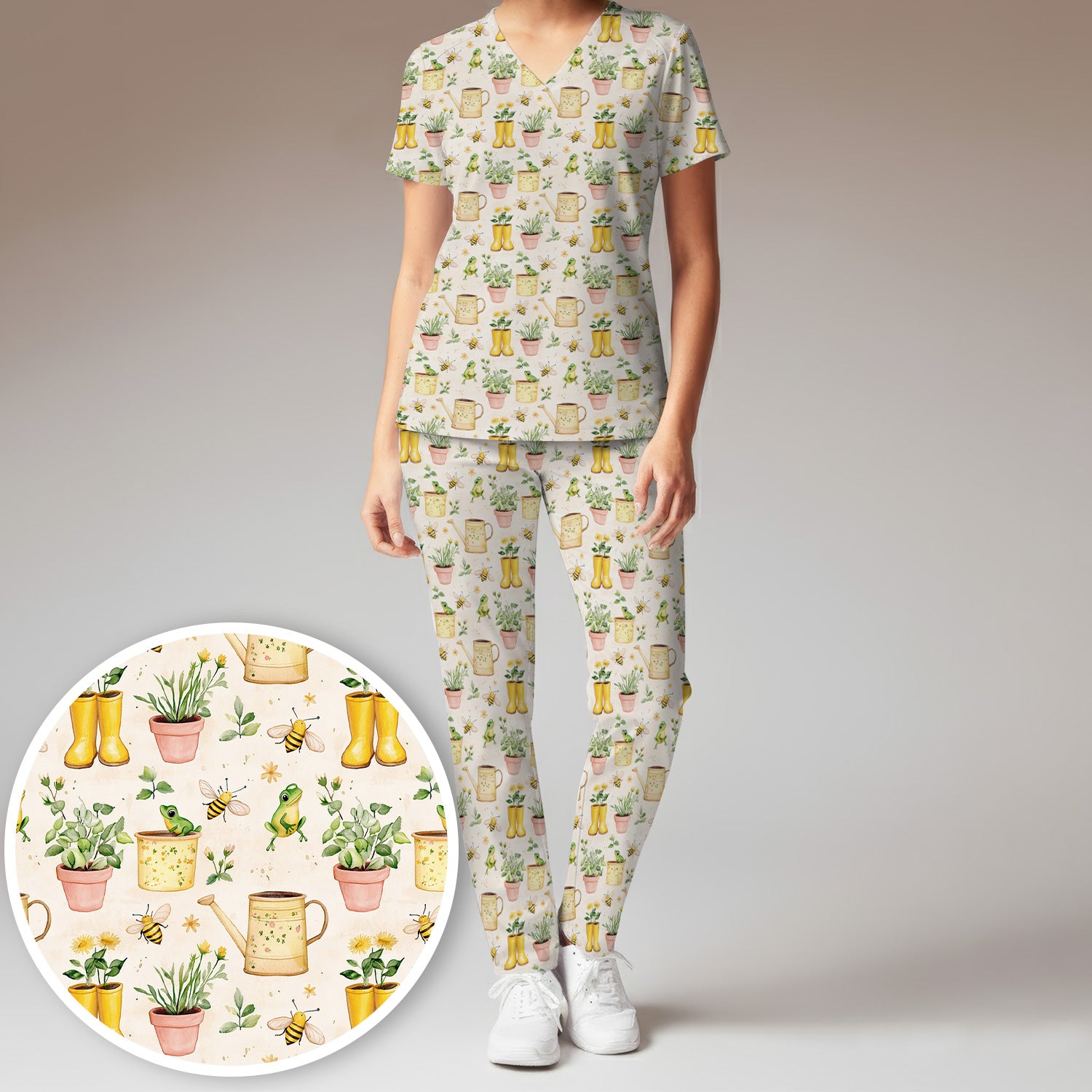 Cute Nurse Frog And Bee Garden Pattern Scrub Set, Scrub Pants and V Neck Top