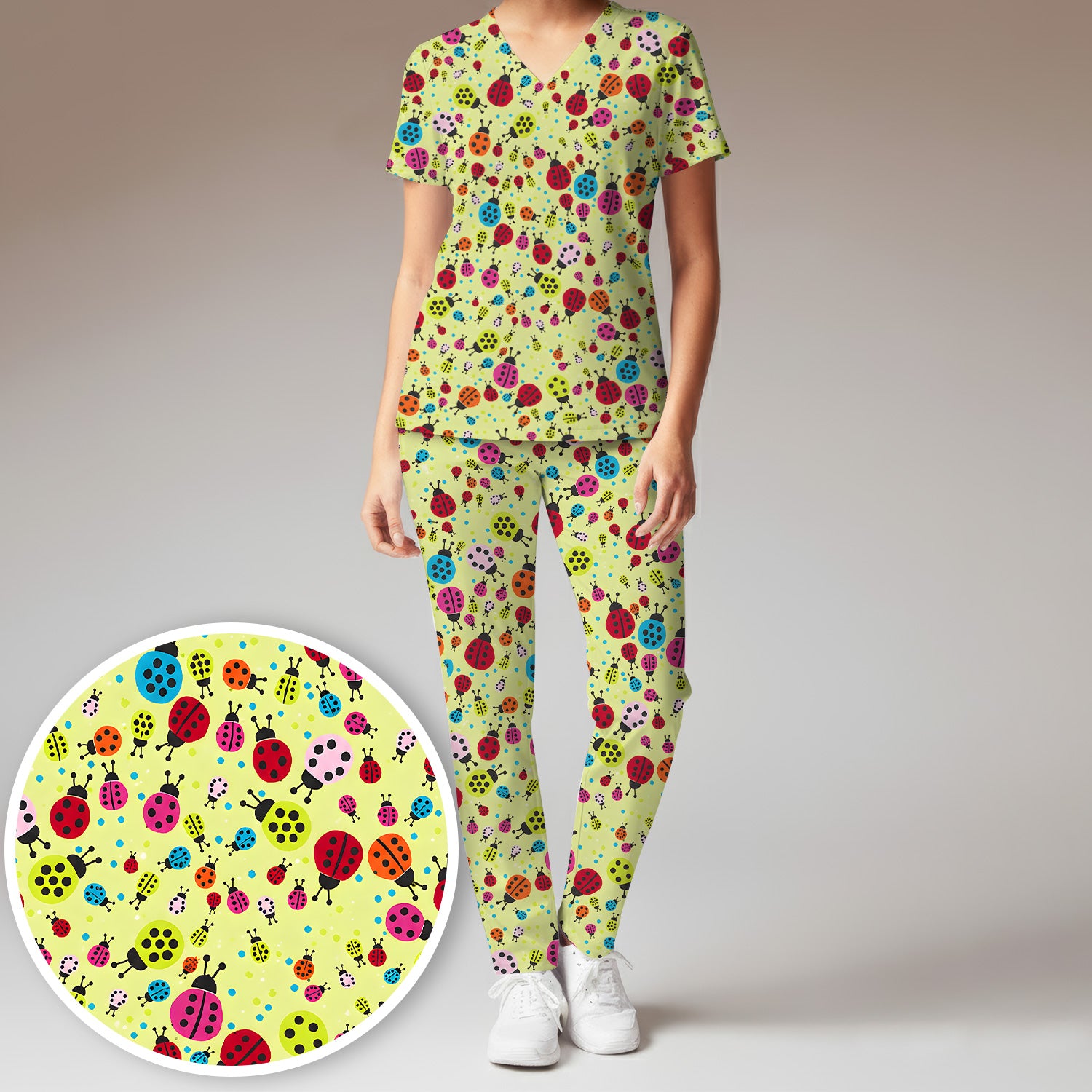 Colorful Ladybug Garden Pattern Scrub Set, Scrub Pants and V Neck Top