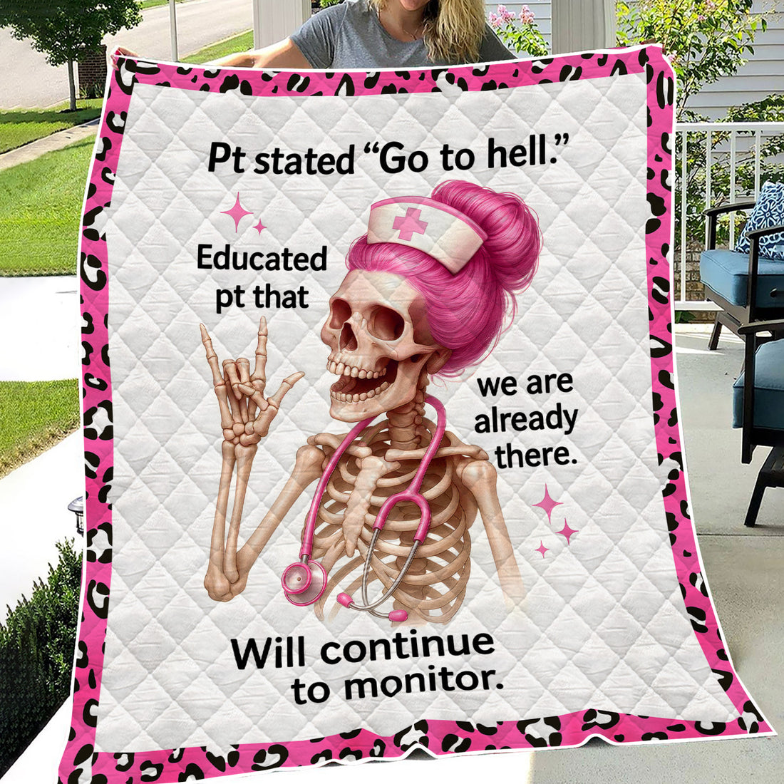 Custom Skeleton Nurse Blanket - Pink Hair & Sarcastic Quote - Hilarious Personalized Gift for RN, LPN, Healthcare Workers