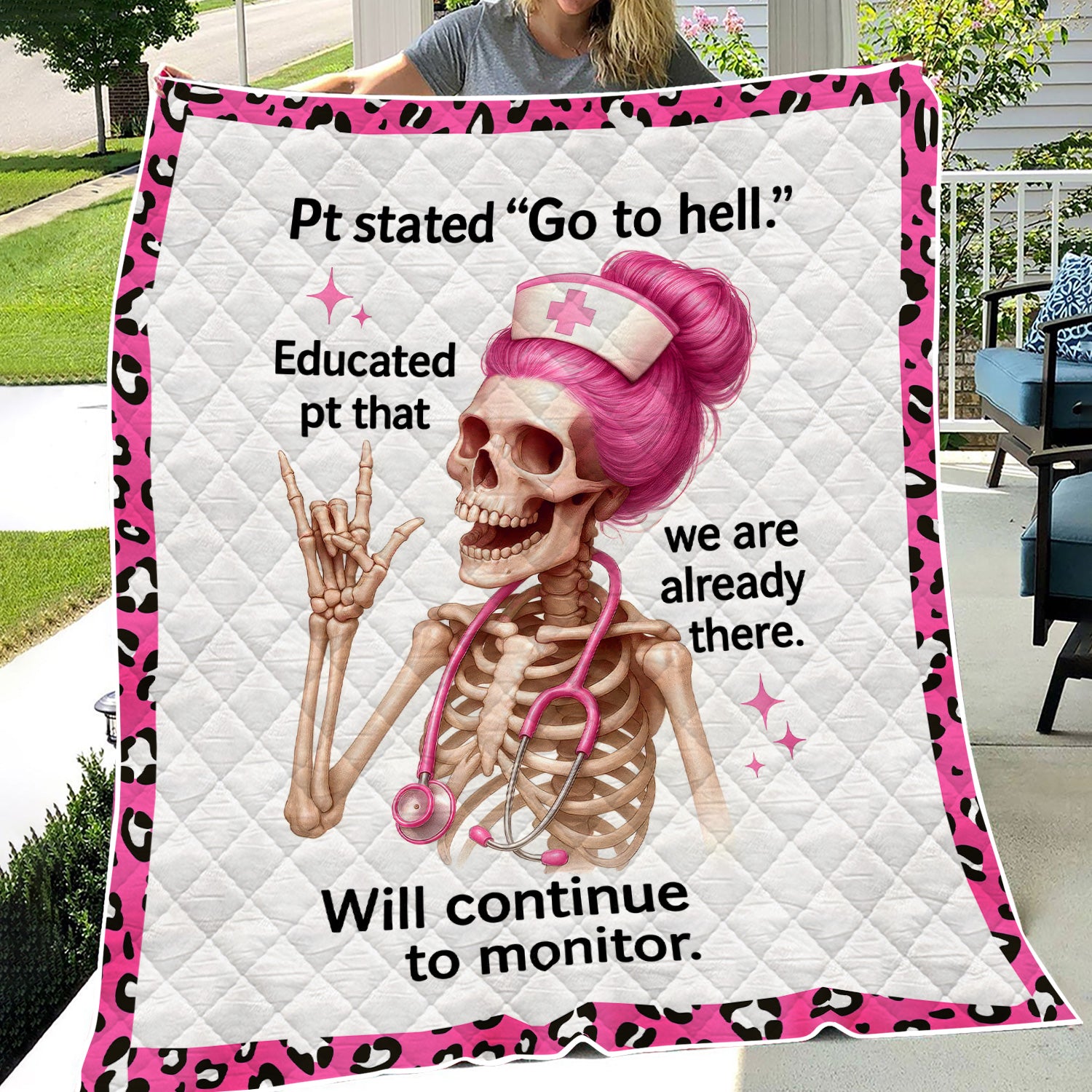 Custom Skeleton Nurse Blanket - Pink Hair & Sarcastic Quote - Hilarious Personalized Gift for RN, LPN, Healthcare Workers