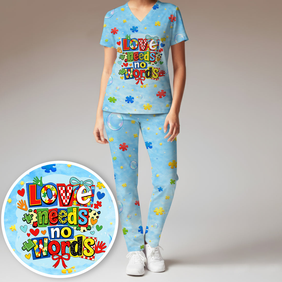 Autism Awareness Nurse Puzzle Love Needs No Words Pattern Scrub Set, Scrub Pants and V Neck Top