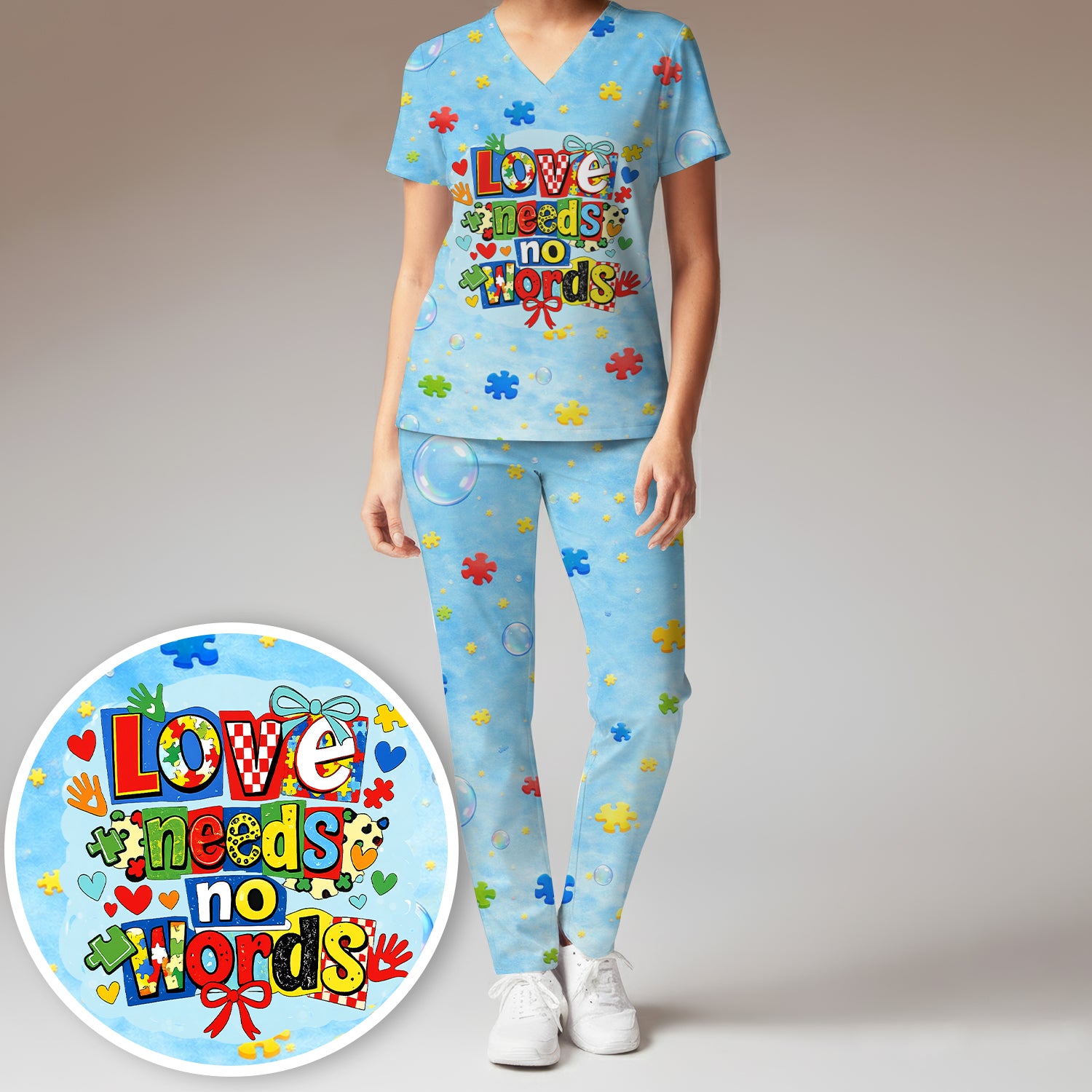 Autism Awareness Nurse Puzzle Love Needs No Words Pattern Scrub Set, Scrub Pants and V Neck Top