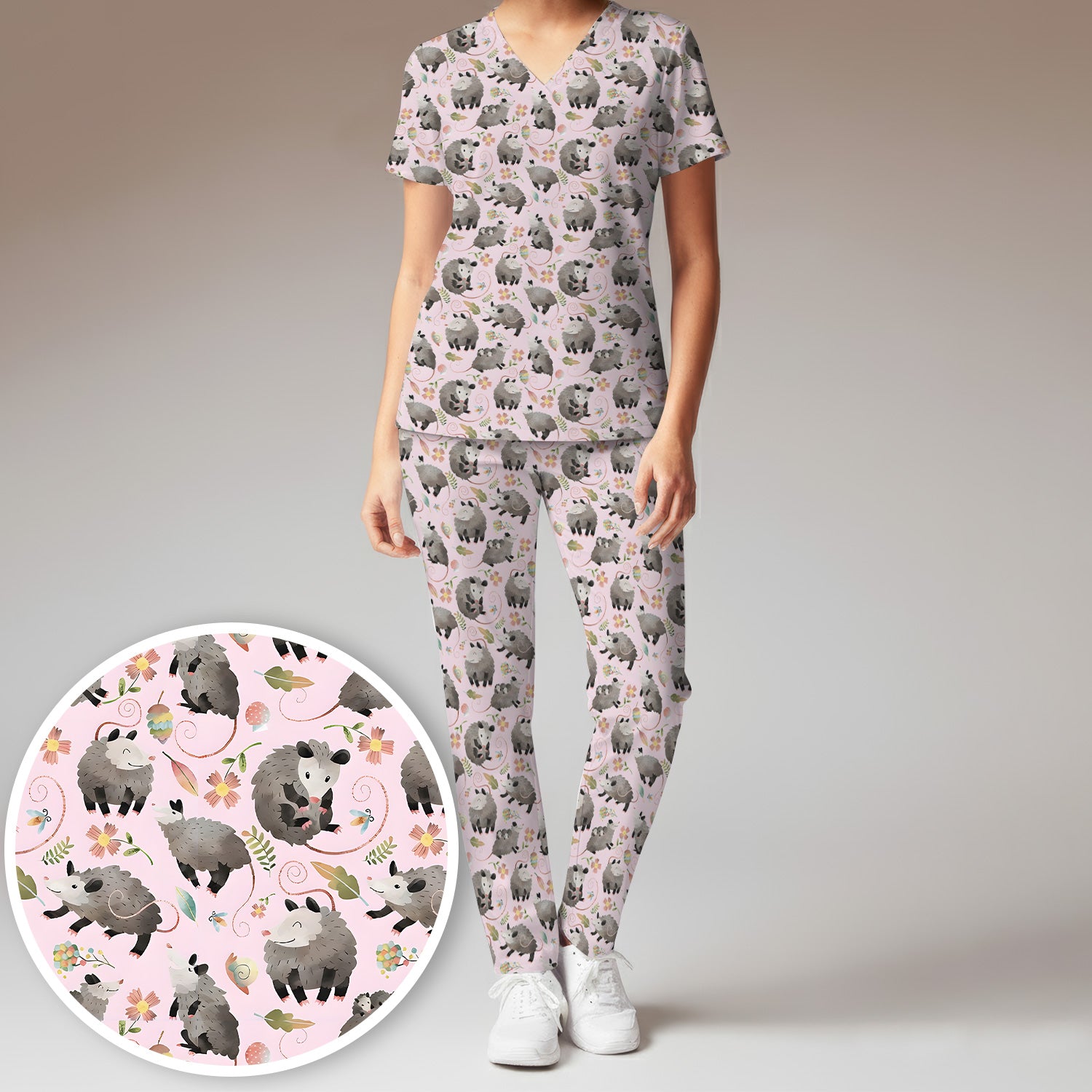 Cute Opossum Playing Flower Garden Pattern Scrub Set, Scrub Pants and V Neck Top