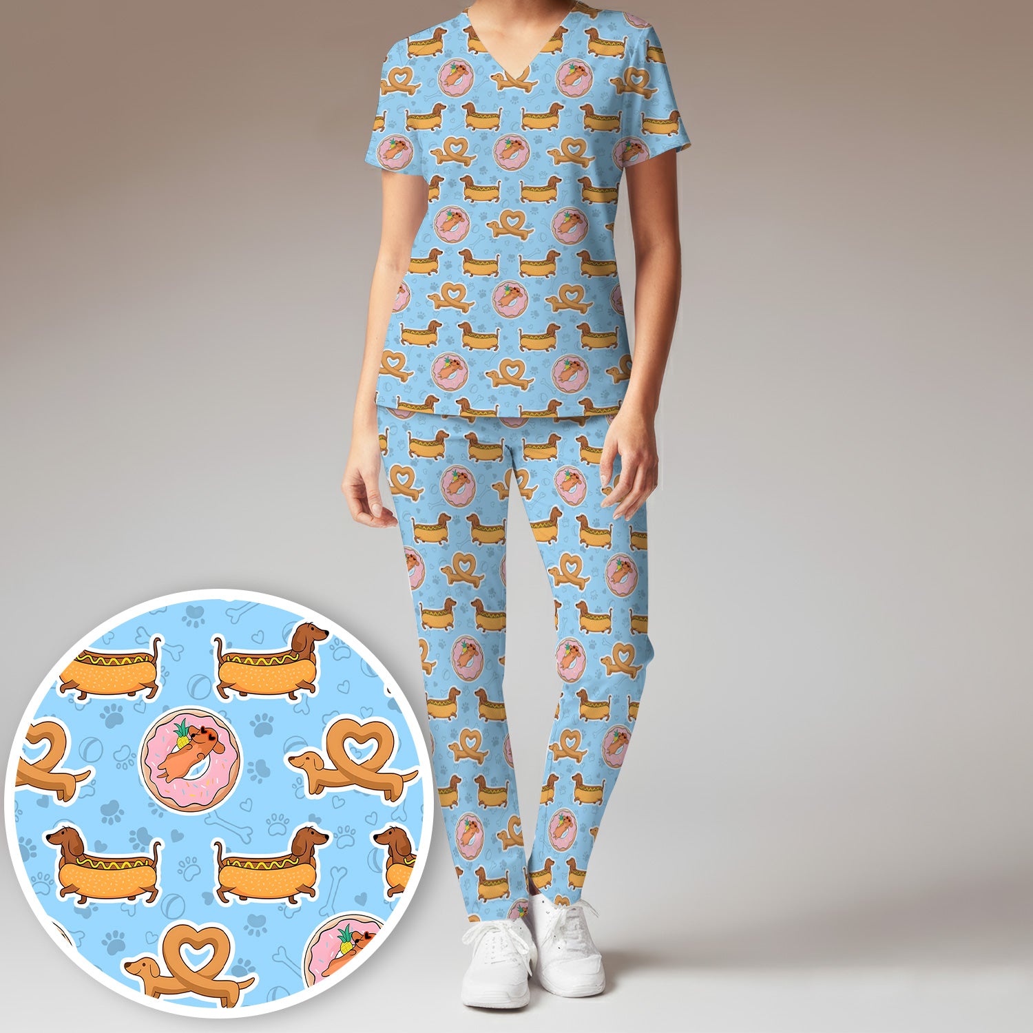 Cute Dachshund Donut Heart Pattern Scrub Set, Scrub Pants and V Neck Top