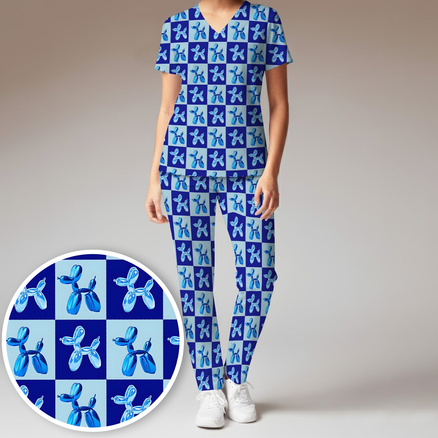 Cute Blue Balloon Dog Checkered Pattern Scrub Set, Women's Scrub Sets
