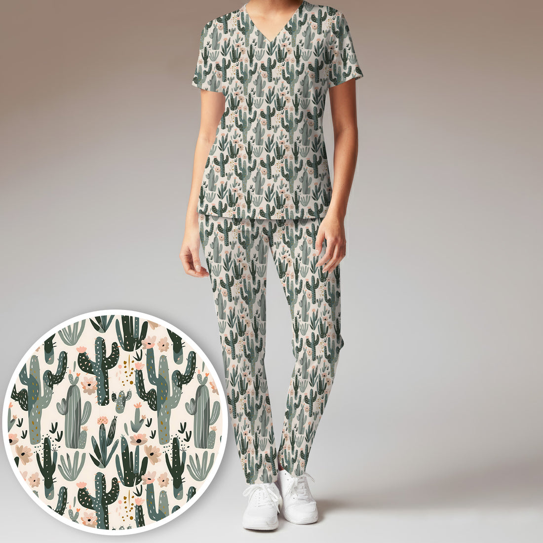 Green Cactus Desert Blossom Pattern Scrub Set, Scrub Pants and V Neck Top