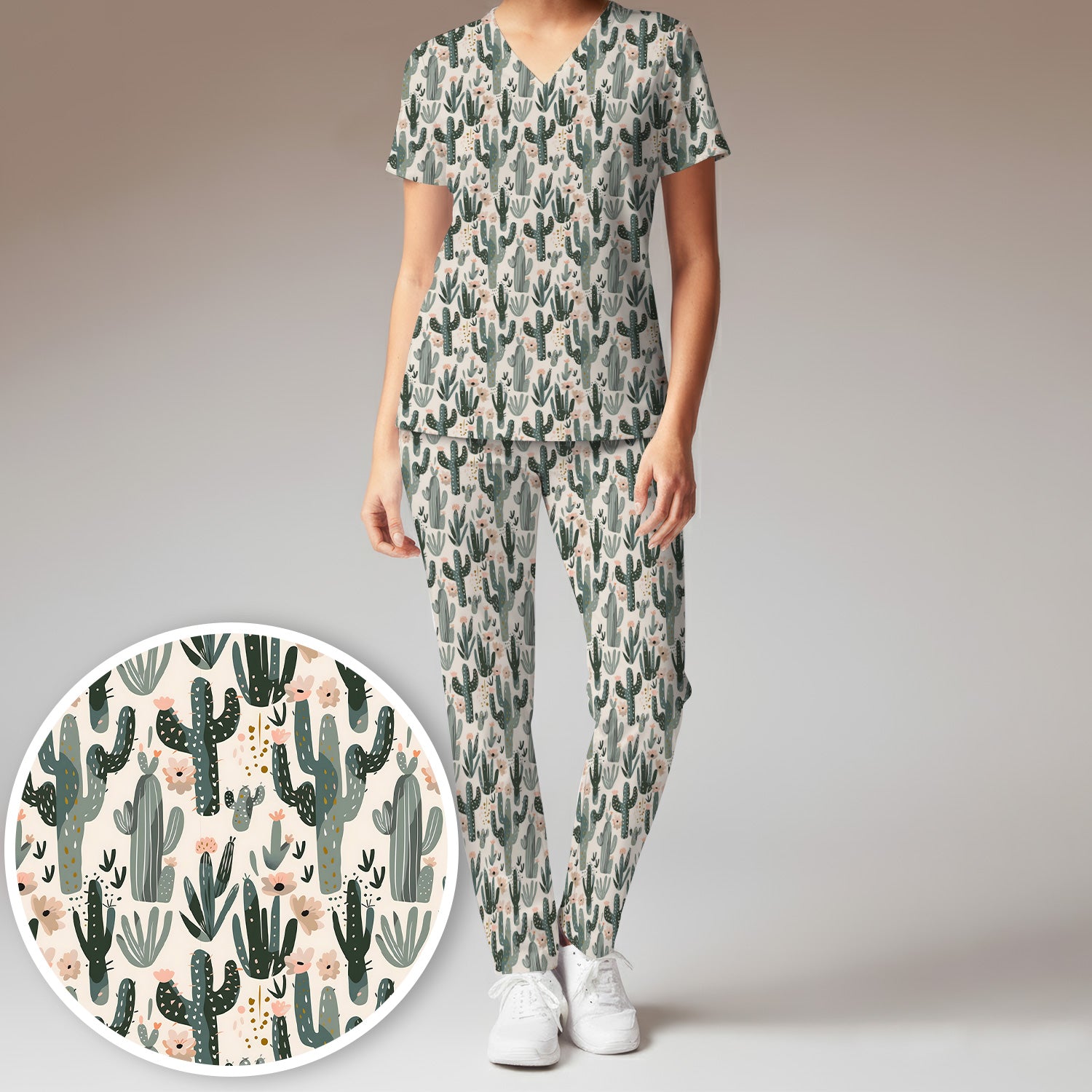 Green Cactus Desert Blossom Pattern Scrub Set, Scrub Pants and V Neck Top