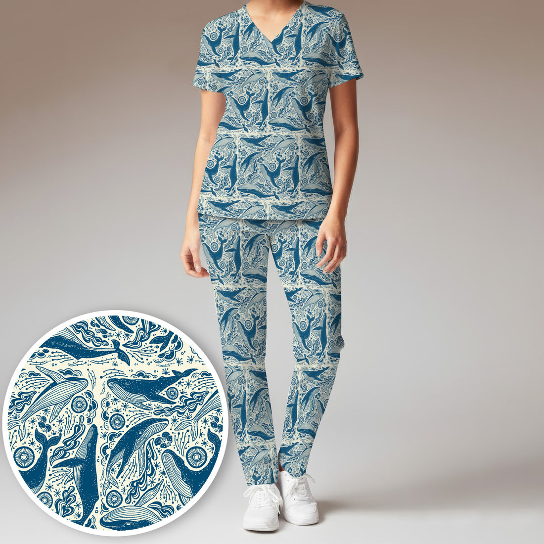 Blue Whale Ocean Pattern Scrub Set, Scrub Pants and V Neck Top