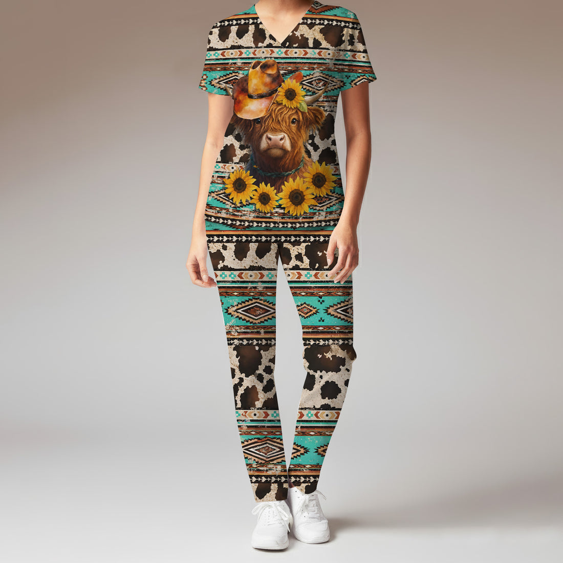 Western Highland Cow Sunflowers Print Scrub Set, Scrub Pants and V Neck Top