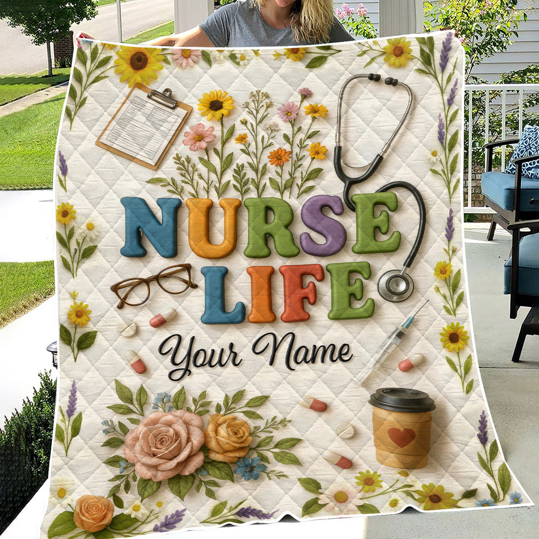Custom Nurse Life Blanket - Stethoscope, Pills & Flowers Design - Thoughtful Personalized Gift for Nurses