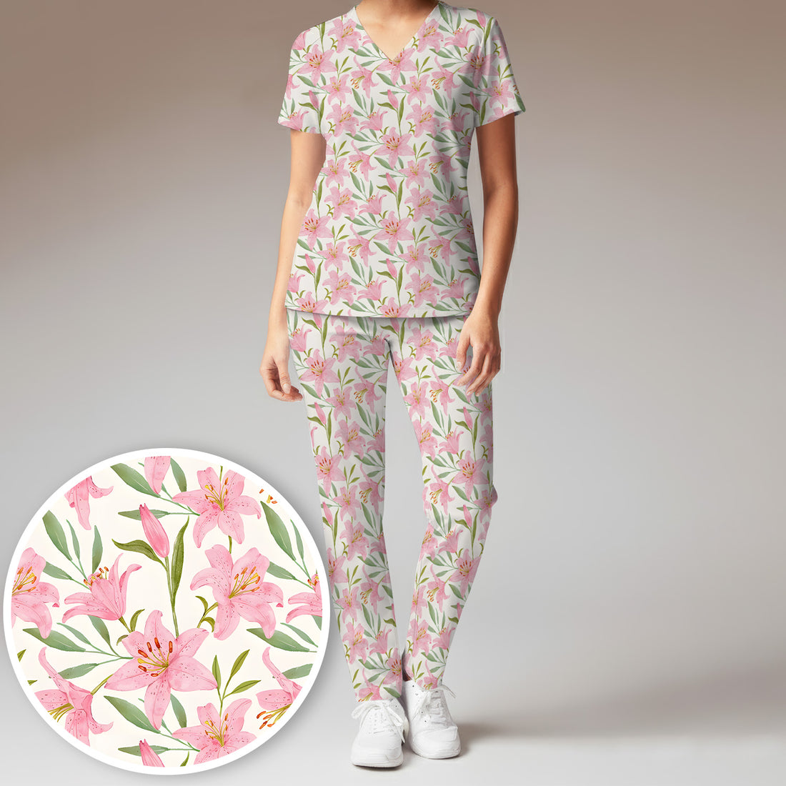 Cute Pink Lily Floral Nurse Pattern Scrub Set, Scrub Pants and V Neck Top