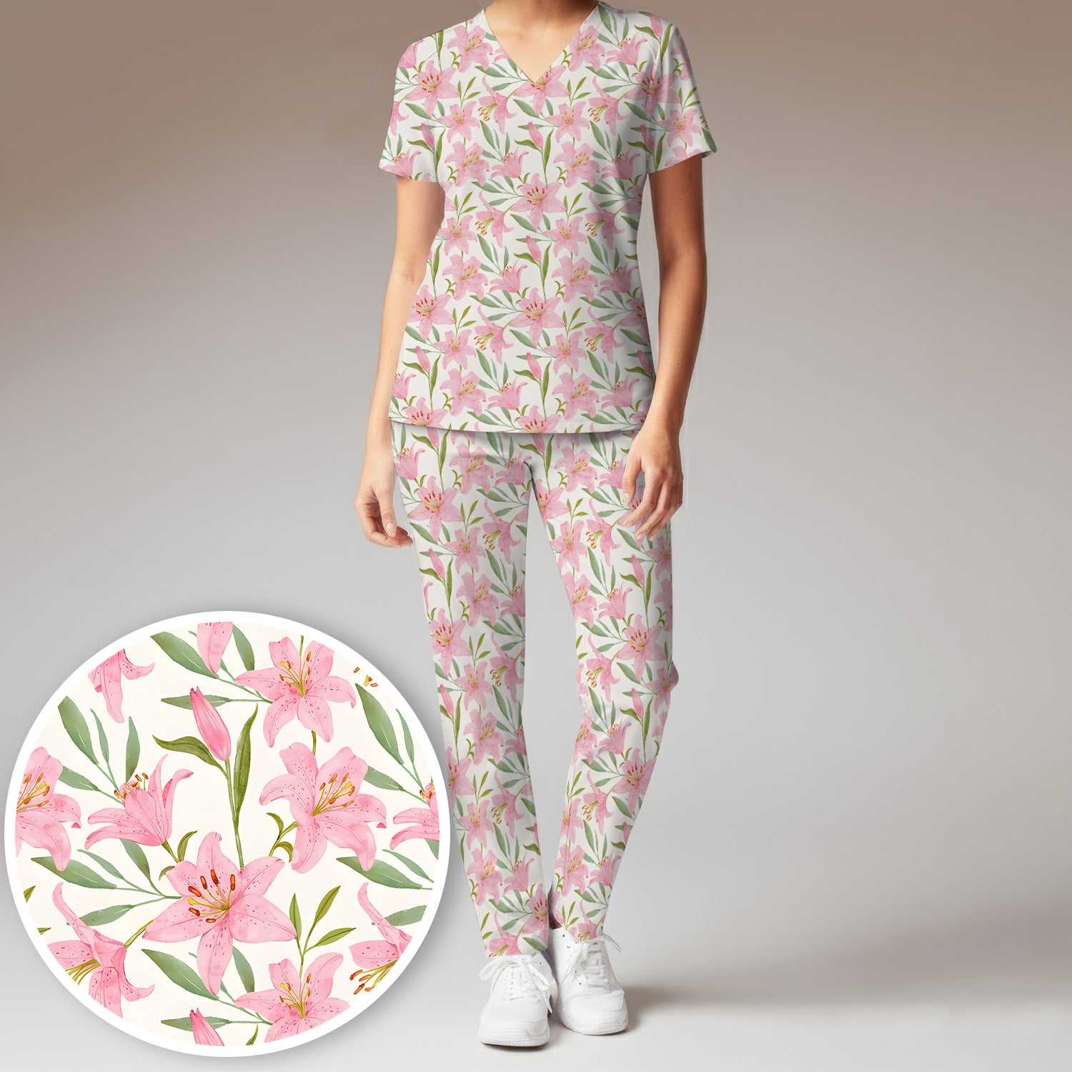Cute Pink Lily Floral Nurse Pattern Scrub Set, Scrub Pants and V Neck Top